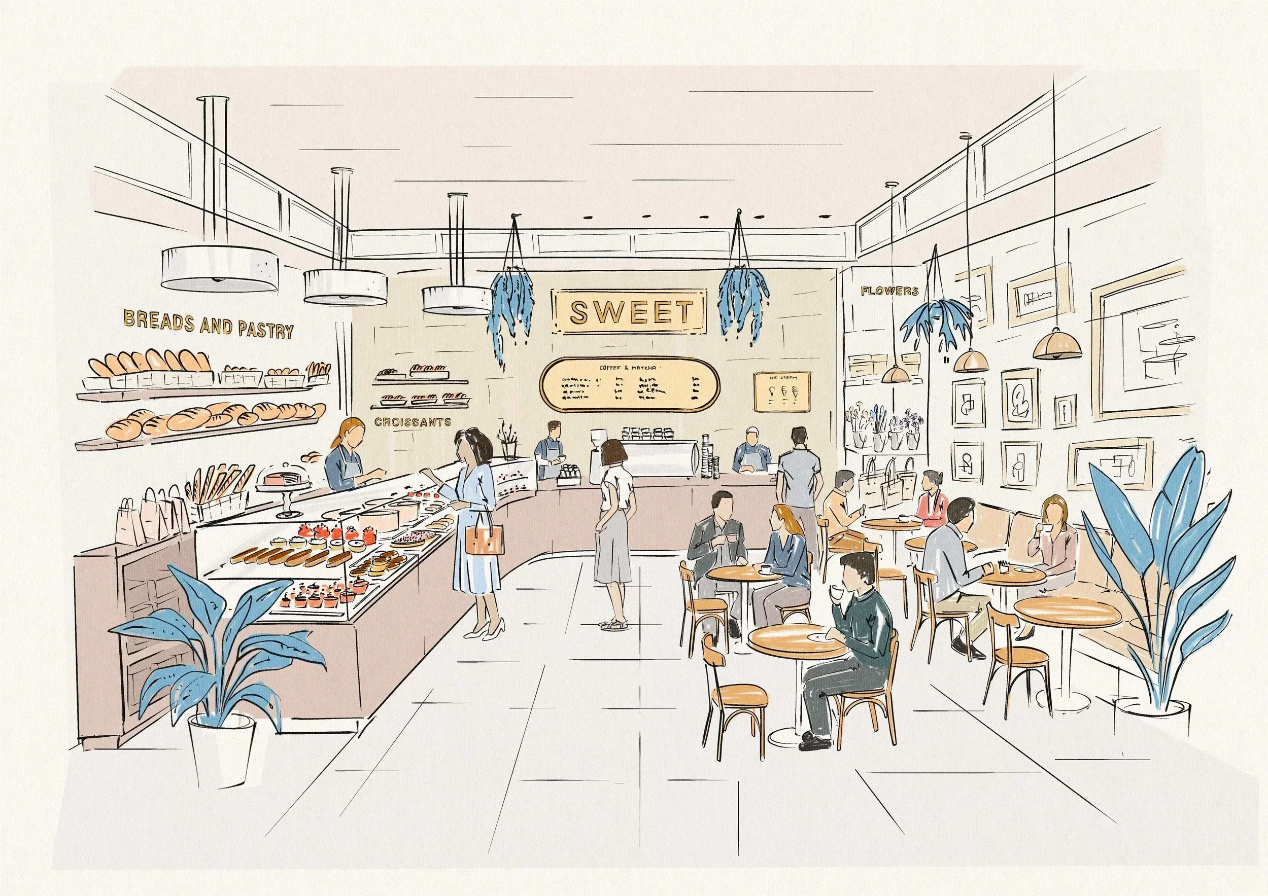 Sweet and Savory
A section of a boutique space in New York; this drawing shows the bakery area.