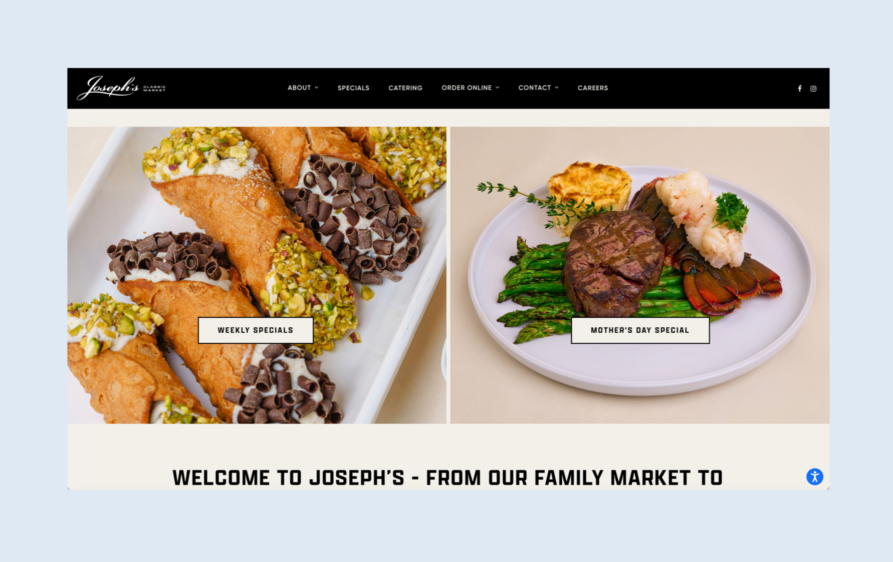 Website homepage for Joseph's Classic Market showing two dishes: on the left, a tray of fried pastries topped with chopped pistachios and chocolate curls labeled 'Weekly Specials'. Robert Ranfranz branding, design and ecommerce.