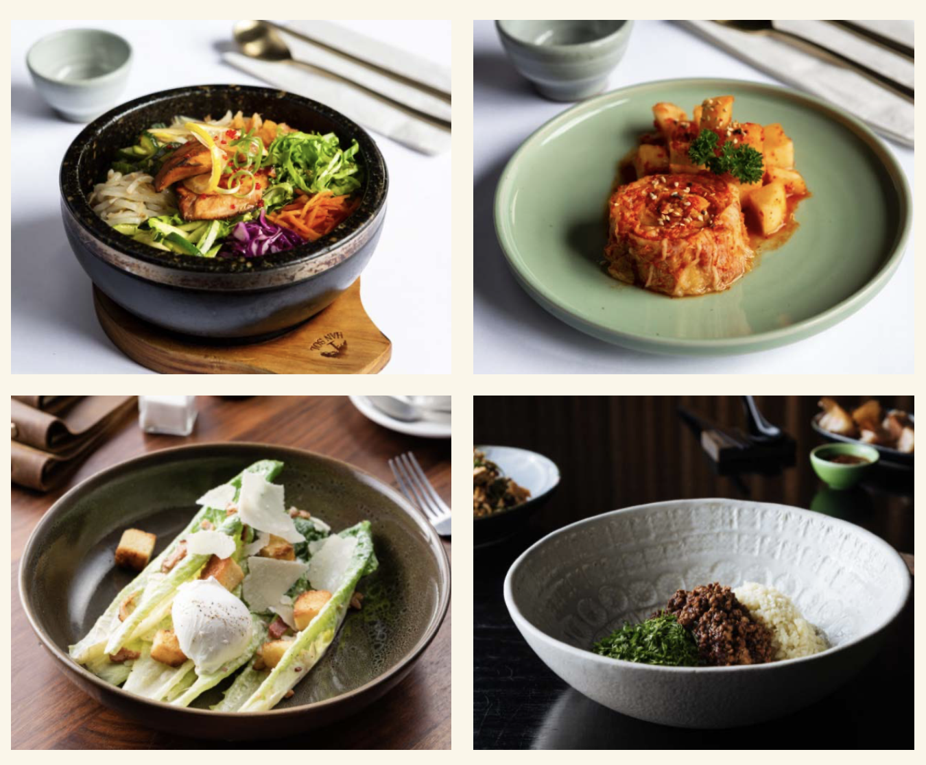 Top left: A bowl of mixed salad with vegetables and grilled meat. Top right: A plate of kimchi with cubes of radish garnished with parsley. Bottom left: Caesar salad with croutons, parmesan shavings, and poached egg. Bottom right: Rice bowl with seasoned beef, chopped greens, and rice.