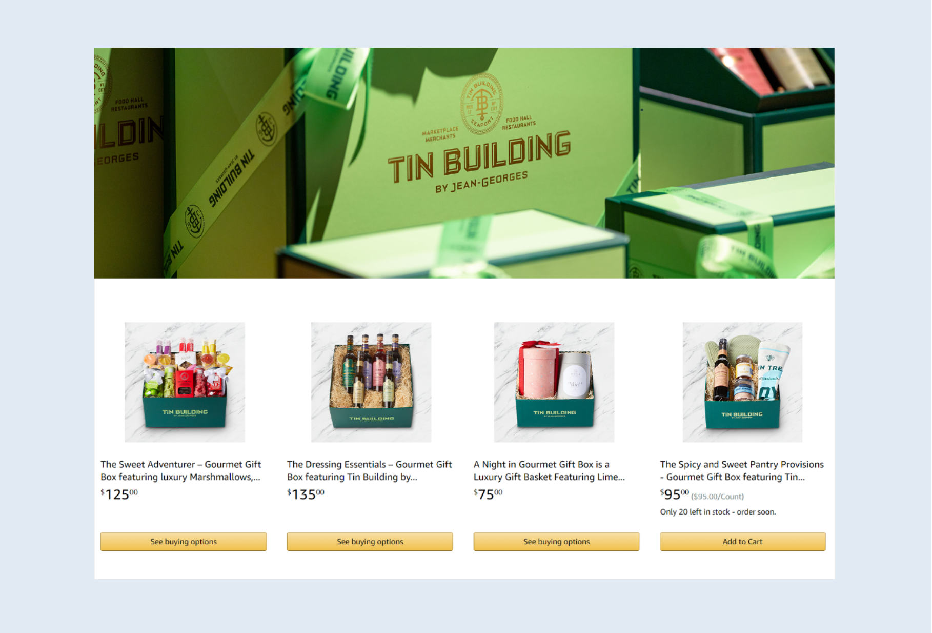 Screenshot of the online store page for Tin Building, showcasing various gourmet gift boxes with different items, pricing, and purchase options. Robert Ranfranz branding, design and ecommerce.