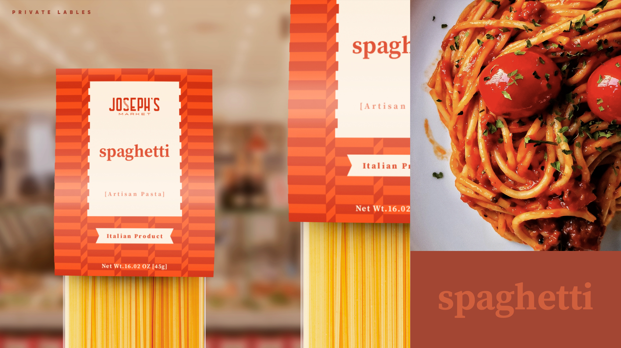Package of Joseph's Market artisan spaghetti pasta with a blurred background and an image of cooked spaghetti with cherry tomatoes and herbs.