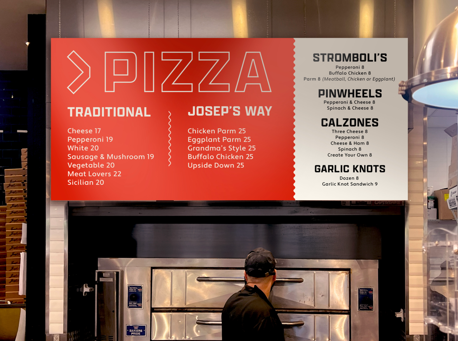 A pizza restaurant menu board displaying options for traditional and signature pizzas, with prices, alongside other menu items like stromboli, pinwheels, calzones, and garlic knots.