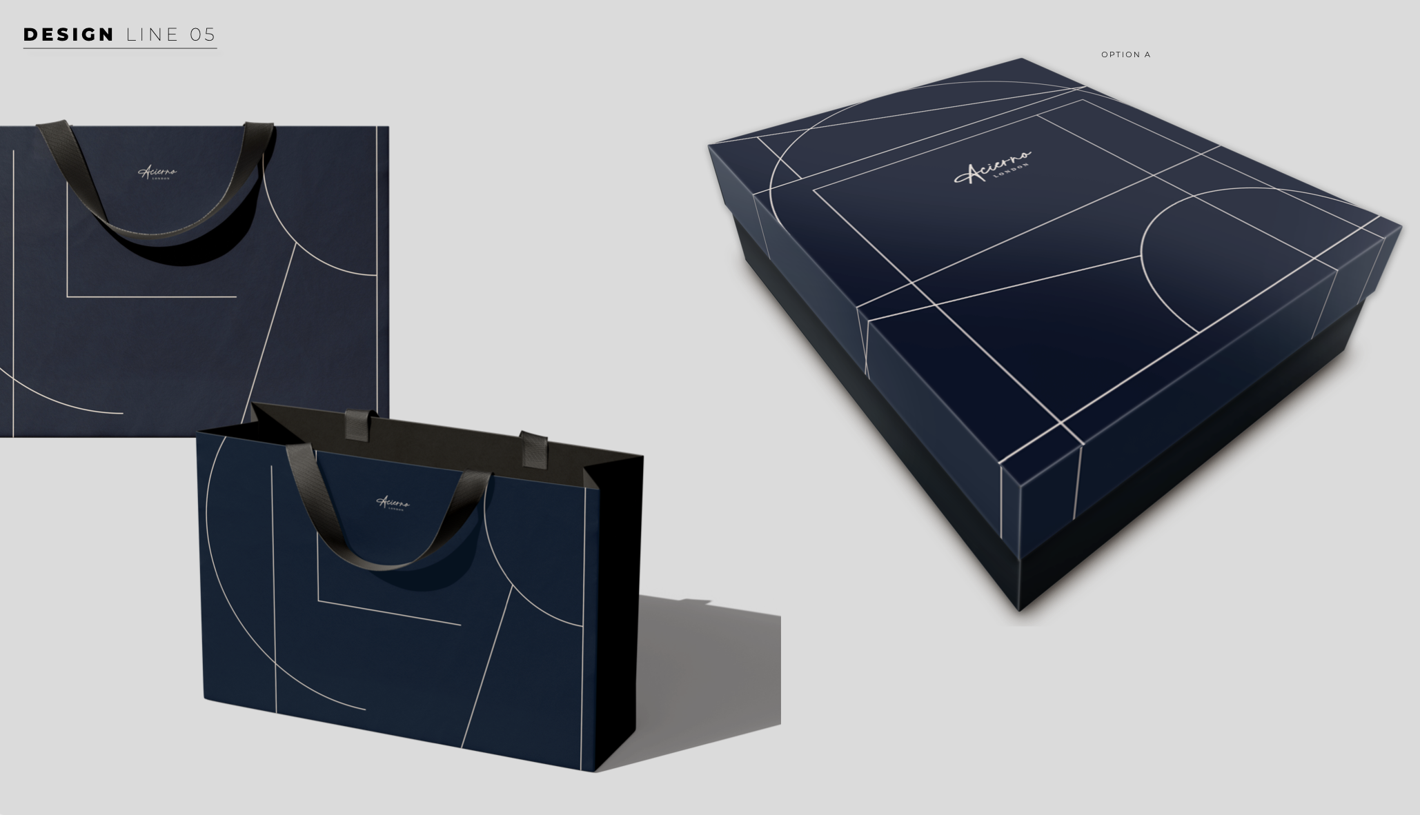 Three navy blue packaging items with white geometric line patterns: a shopping bag with rolled handles, a gift bag, and a rectangular box, all featuring the brand name 'Acerro' in the center.