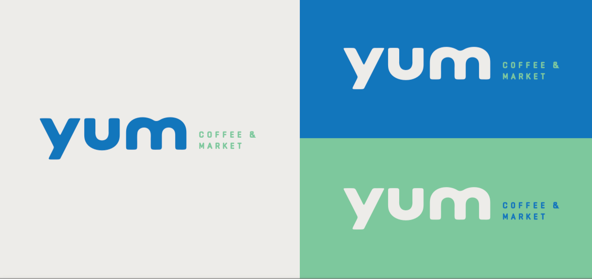 Three versions of a logo for Yum Coffee & Market, each on a different colored background: white, blue, and green.