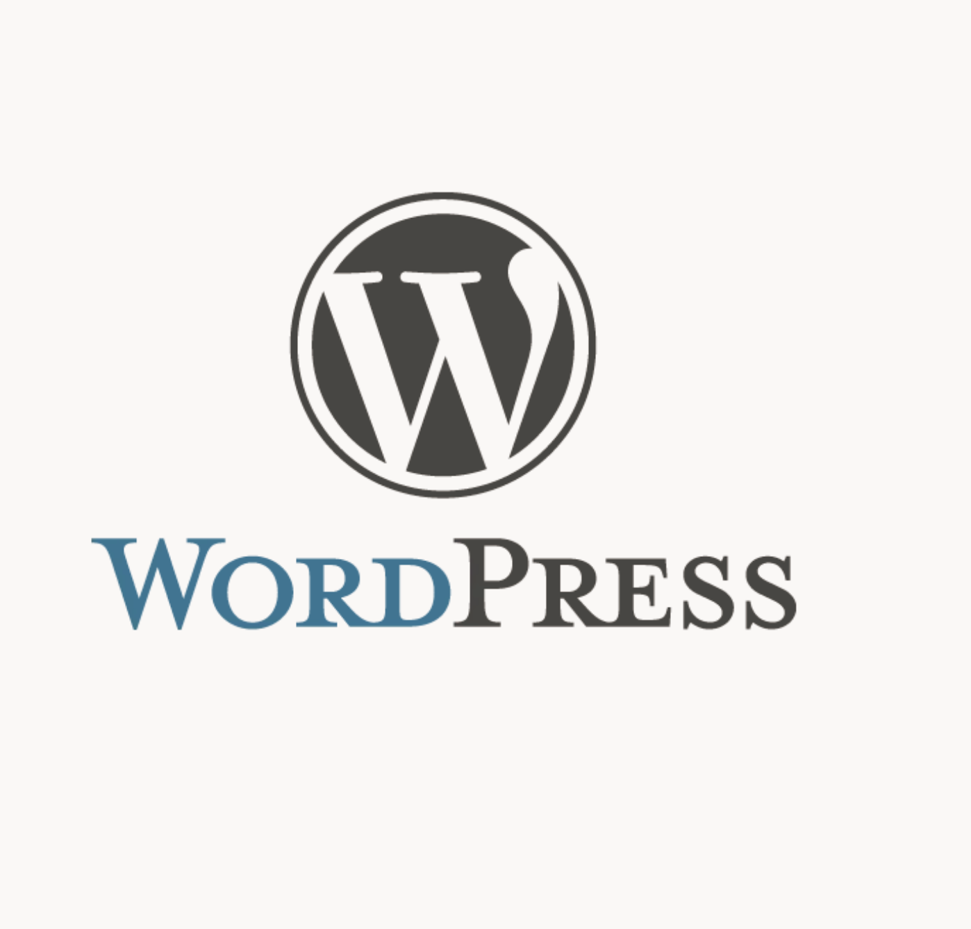 WordPress logo with a black and white circular emblem featuring a stylized 'W' and the words 'WordPress' below, with 'Word' in blue and 'Press' in black.