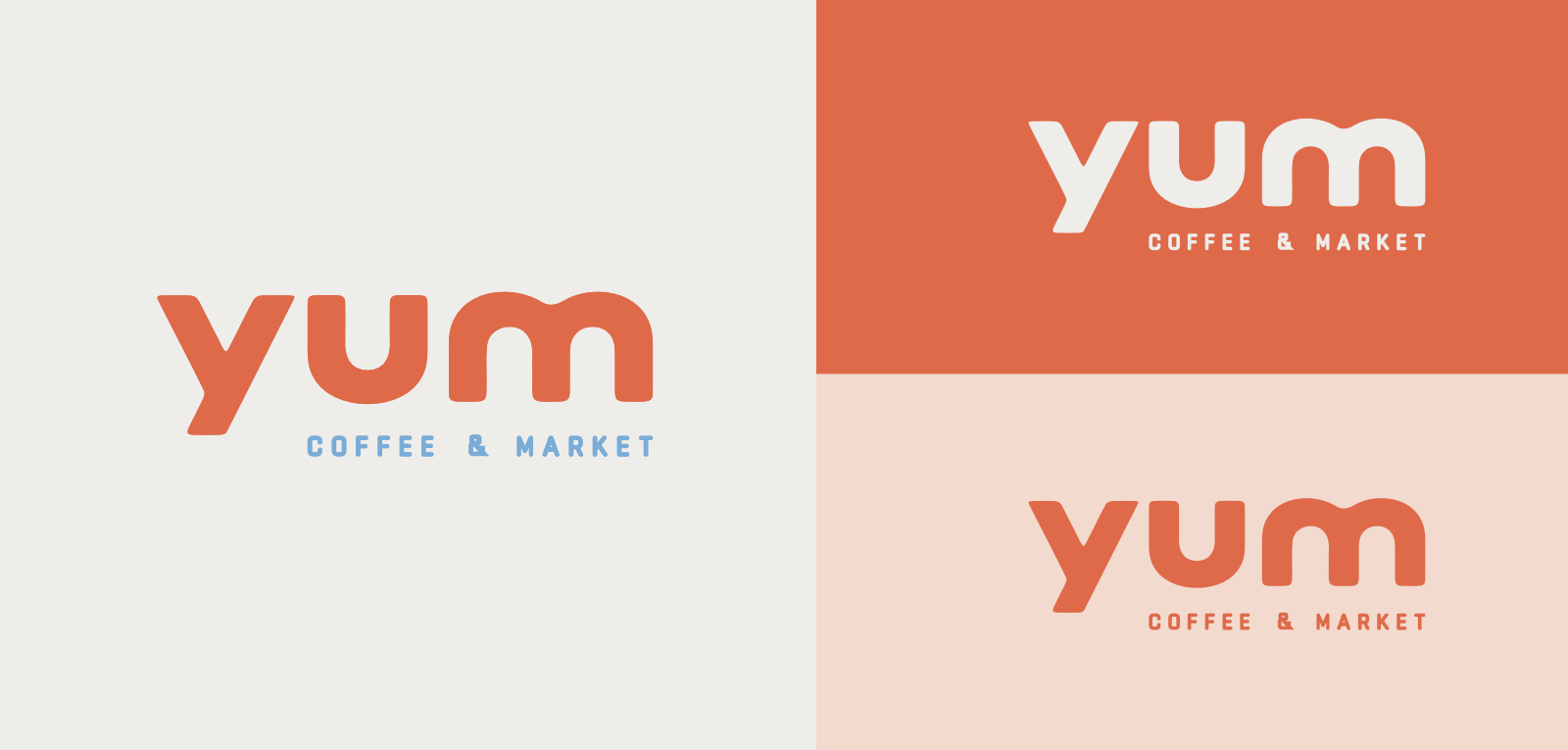 Yum Coffee & Market logo with a modern font in different color backgrounds. Robert Ranfranz branding, design and packaging.