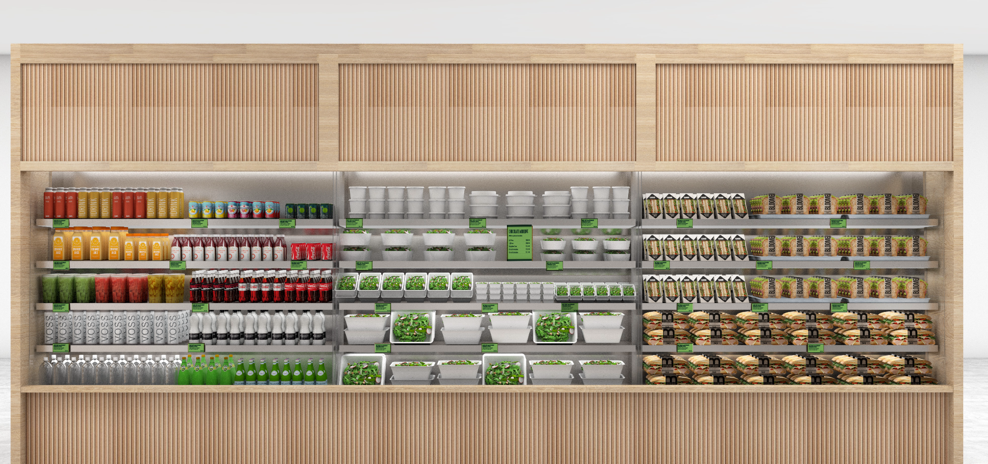 Grocery store shelf with beverages, snacks, and salads organized on white shelves.