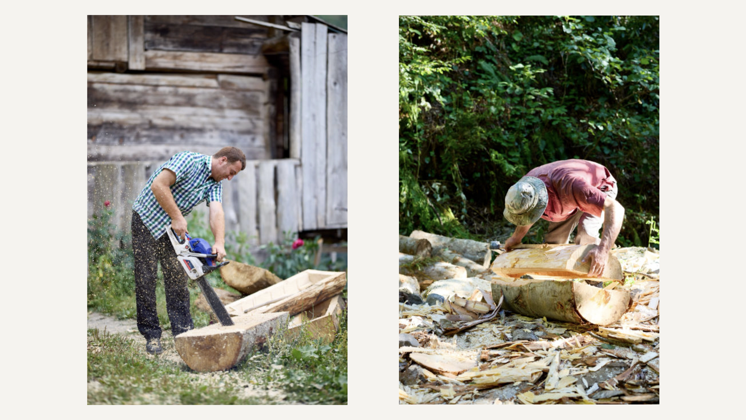 Two men are woodworking outdoors. The man on the left is using a chainsaw to cut a large log, while the man on the right is carving or shaping wood with a smaller tool in a forested area. Maison Connoisseur Honey. Robert Ranfranz.