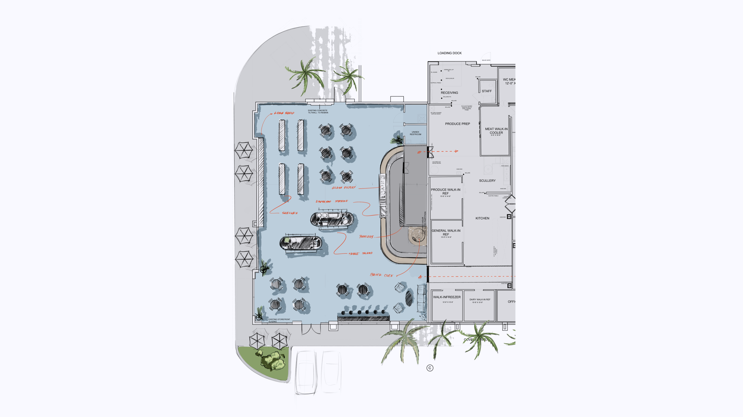 Architectural floor plan of an outdoor dining or lounge area with seating, umbrellas, and surrounding greenery, connected to an indoor kitchen and service area. Robert Ranfranz creative studio.