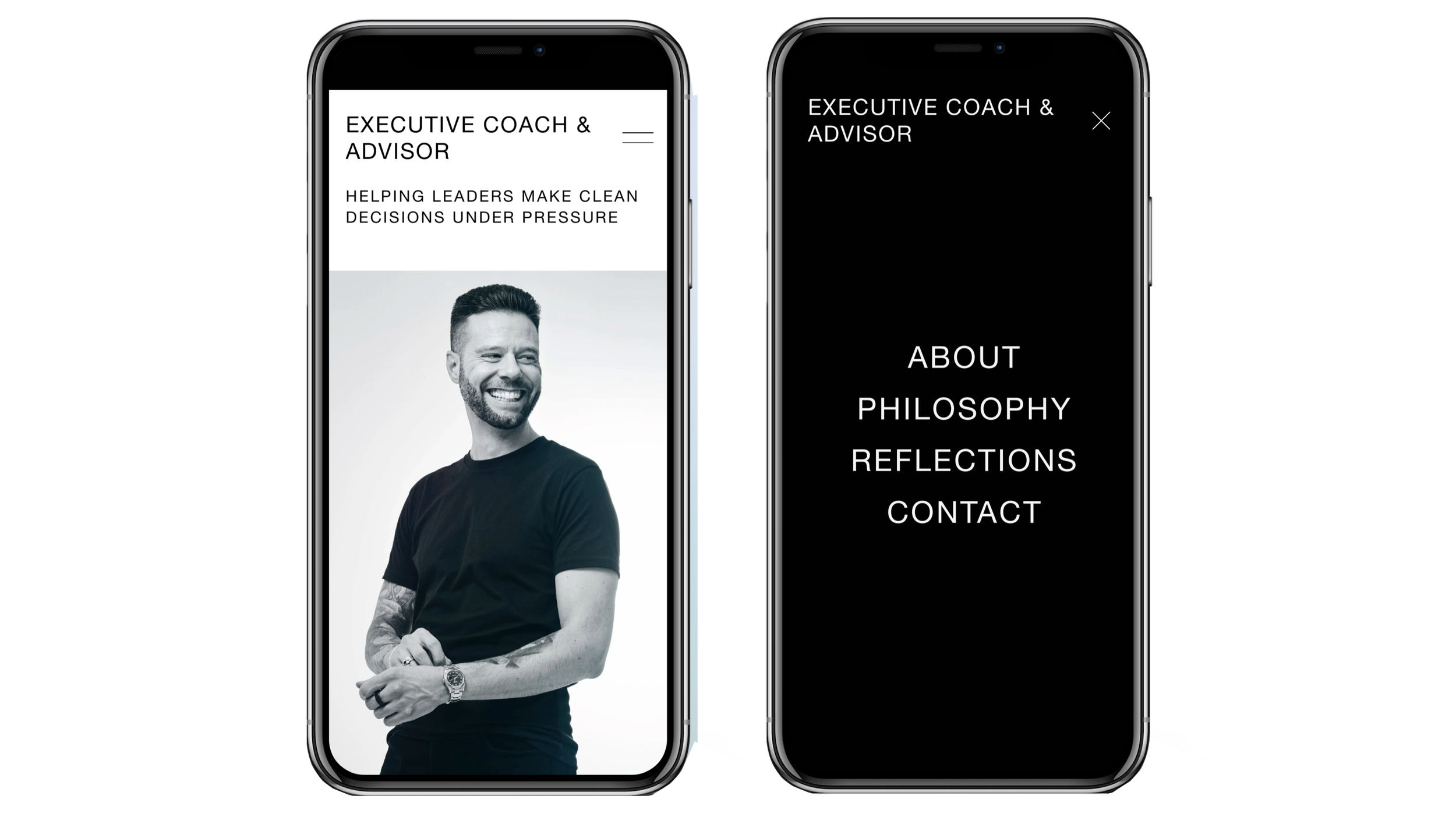 Two smartphones displaying a website about an executive coach and advisor, with a photo of a smiling man and menu options including About, Philosophy, Reflections, and Contact. Robert Ranfranz creative studio.