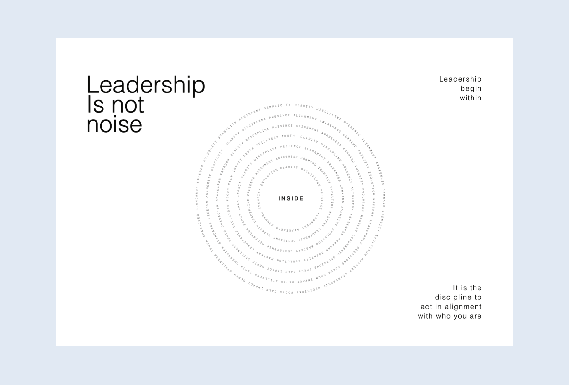 A page with the words "Leadership is not noise" on the left, and a circular pattern of faint text around the word "INSIDE" at the center. To the right, the text "Leadership begin within" and a paragraph starting with "It is the discipline to act in alignment with who you are."