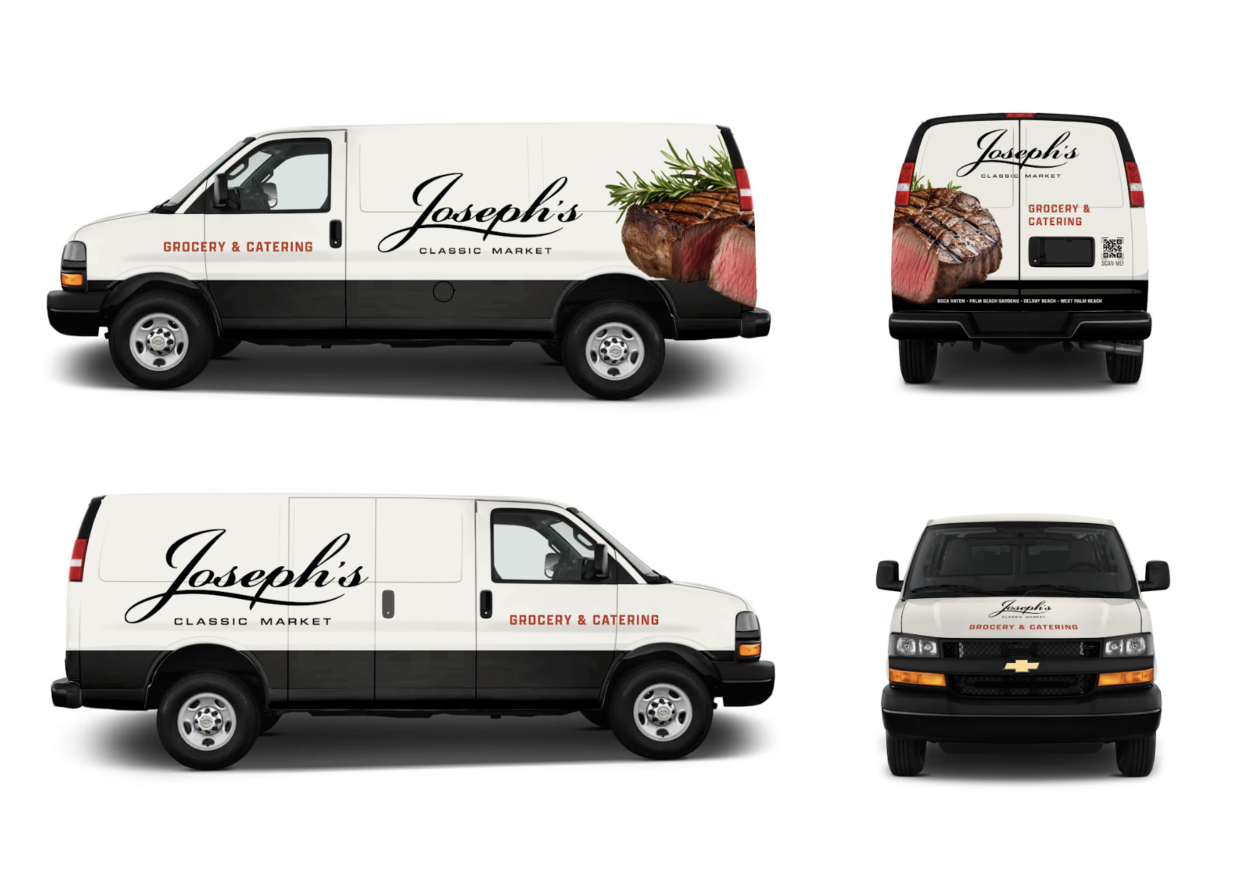 Commercial delivery vans for Joseph's Classic Market, featuring images of grilled steak and rosemary on a white background.