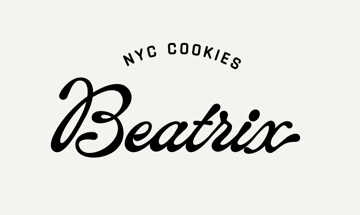 Design of a bakery logo for NYC Cookies Beatrice with black handwritten-style text on a white background.