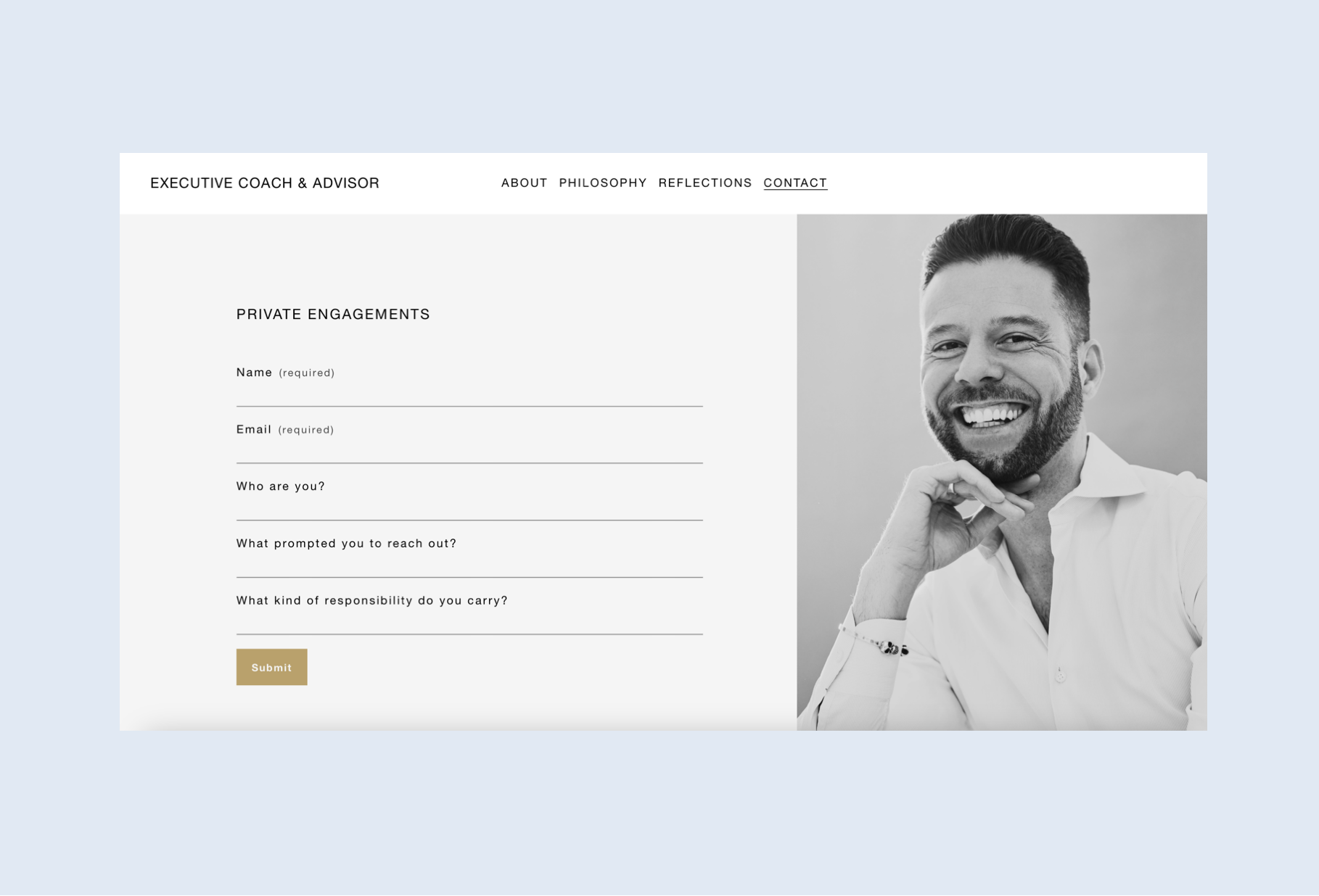 A professional-looking man with a beard, smiling, and resting his chin on his hand, wearing a white dress shirt. Robert Ranfranz branding, design and ecommerce.