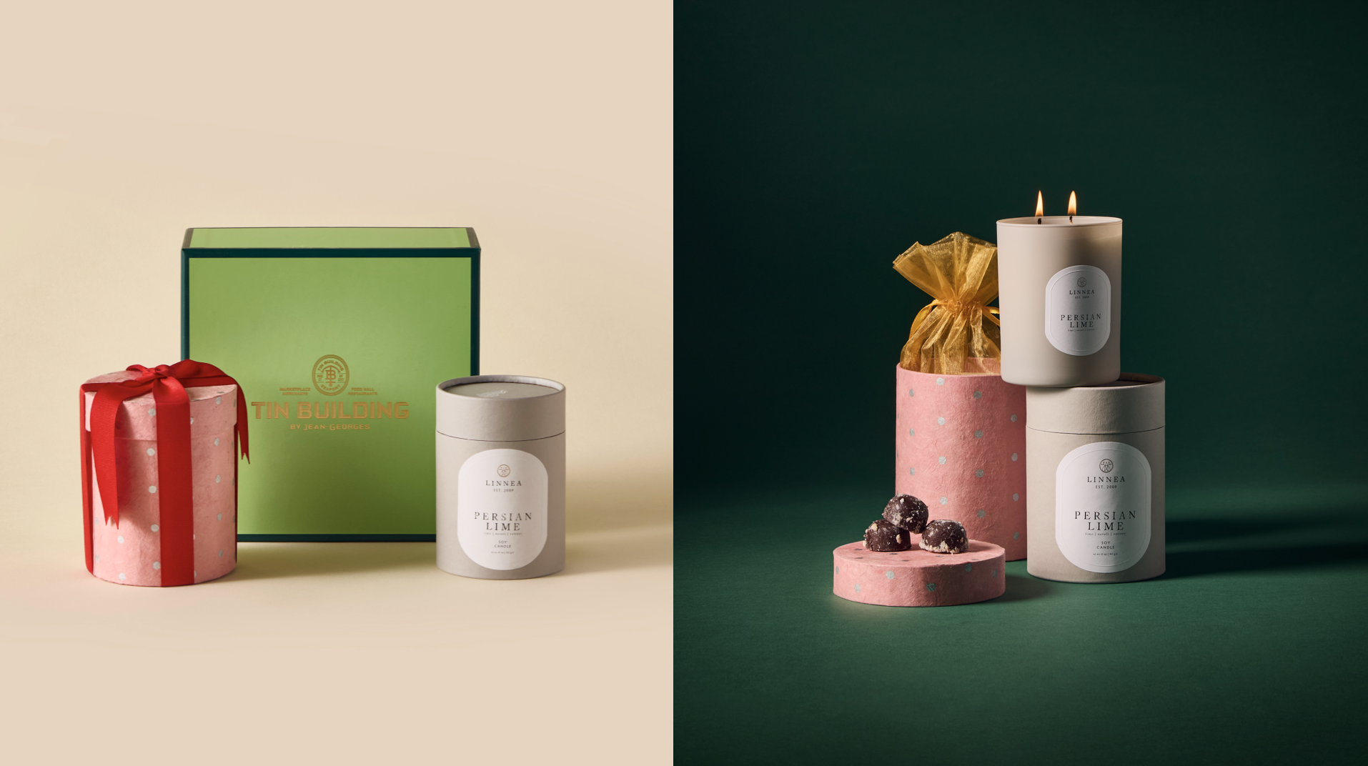 Side-by-side of two styled candles, boxes, and gifts on colored backgrounds. Robert Ranfranz branding, design and packaging.