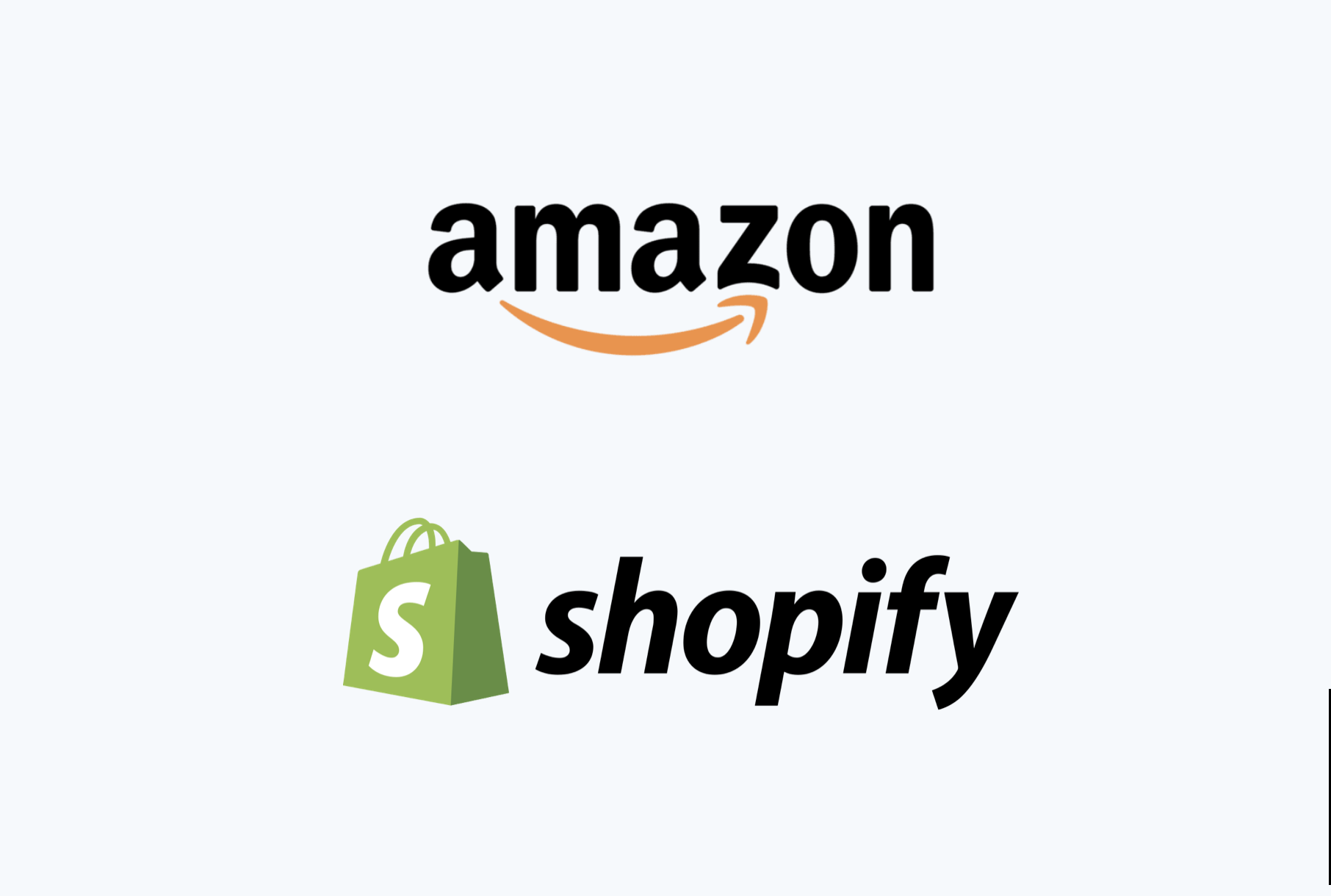 Logos of Amazon and Shopify with their respective names, Amazon with a black font and arrow, Shopify with a green shopping bag icon and a white 'S' on it. Robert Ranfranz branding, design and ecommerce.