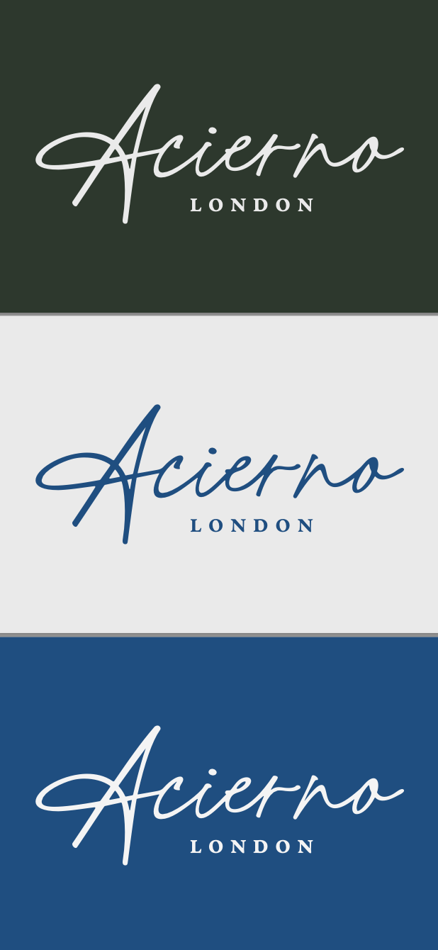 Three different logo designs for 'Acierno London' featuring script and serif fonts in dark green, navy blue, and blue colors.
