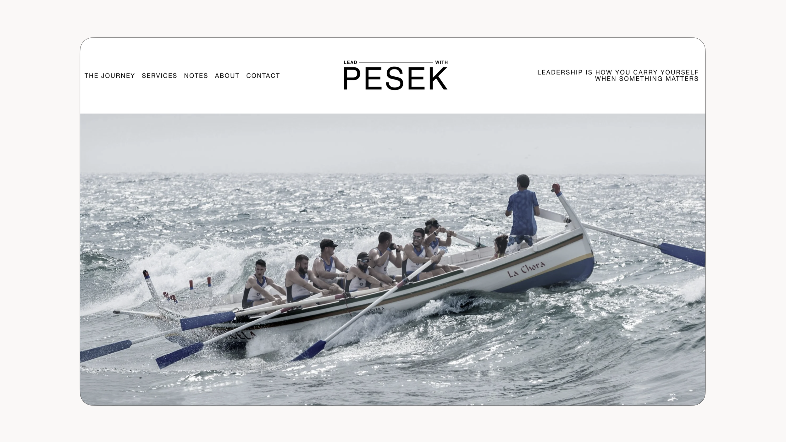 Group of rowers in a boat racing on the water, with a person standing at the back steering, under a bright sky. Lead with Pesek website design. Robert Ranfranz.