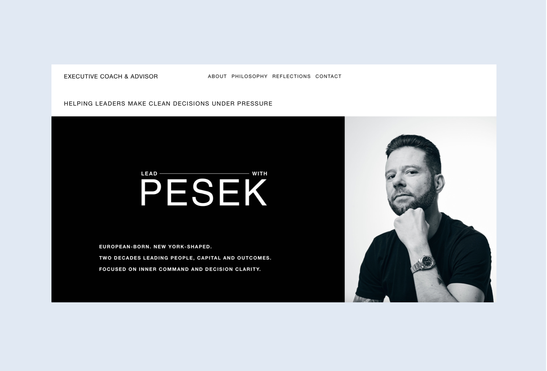 A website homepage for a leadership coaching service featuring a black and white photo of a man with a beard and stylish haircut, wearing a watch and a black shirt. Robert Ranfranz branding, design and ecommerce.