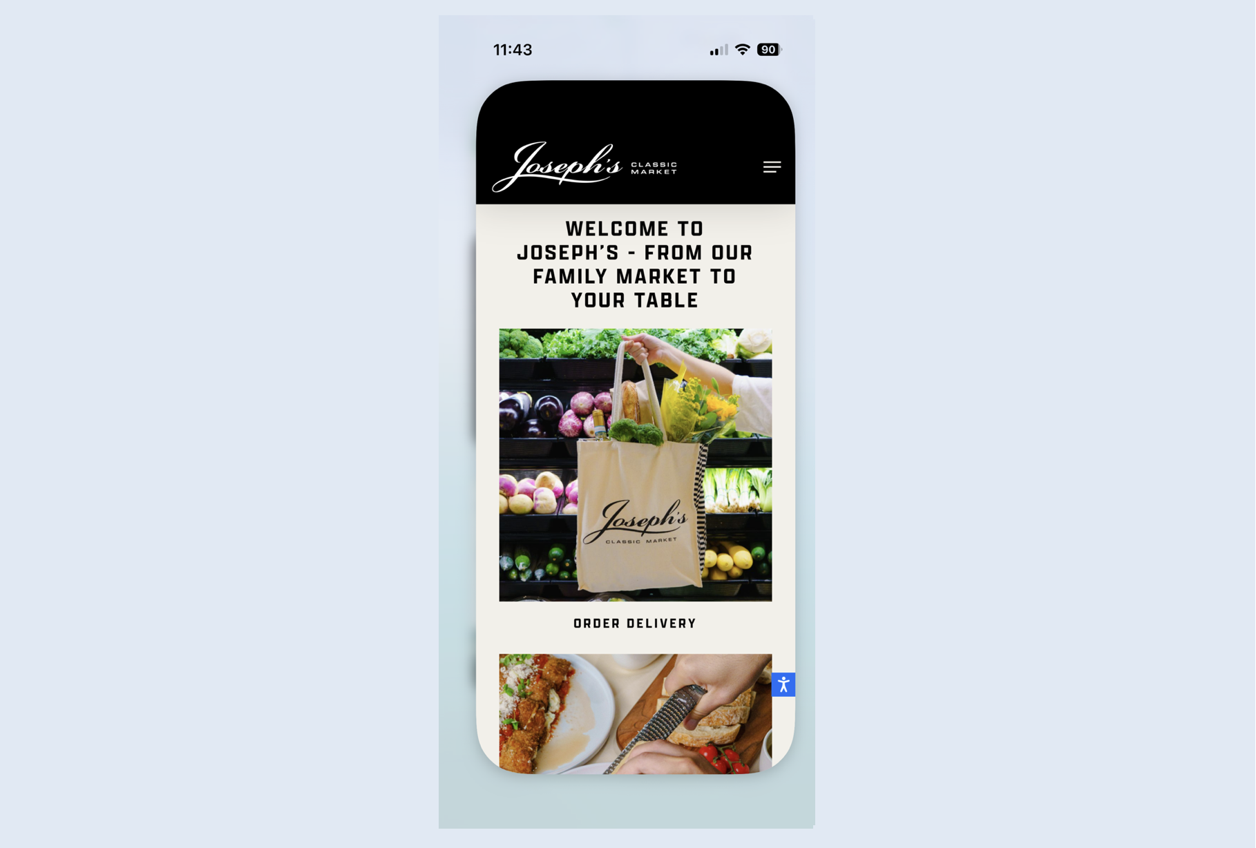 Mobile phone screen displaying Joseph's Classic Market website with a header, welcome message, image of a person shopping for produce, and a section for order delivery. Robert Ranfranz branding, design and ecommerce.