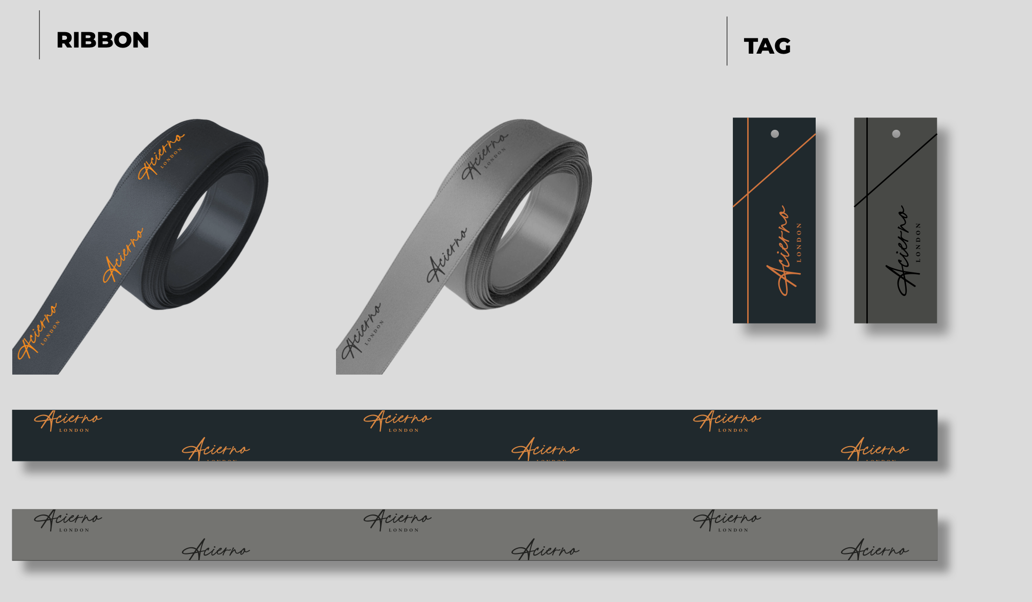 Display of black and gray leather belts with orange and black branding, alongside matching packaging and slim strips featuring the brand name 'Aciero London' in orange and black.