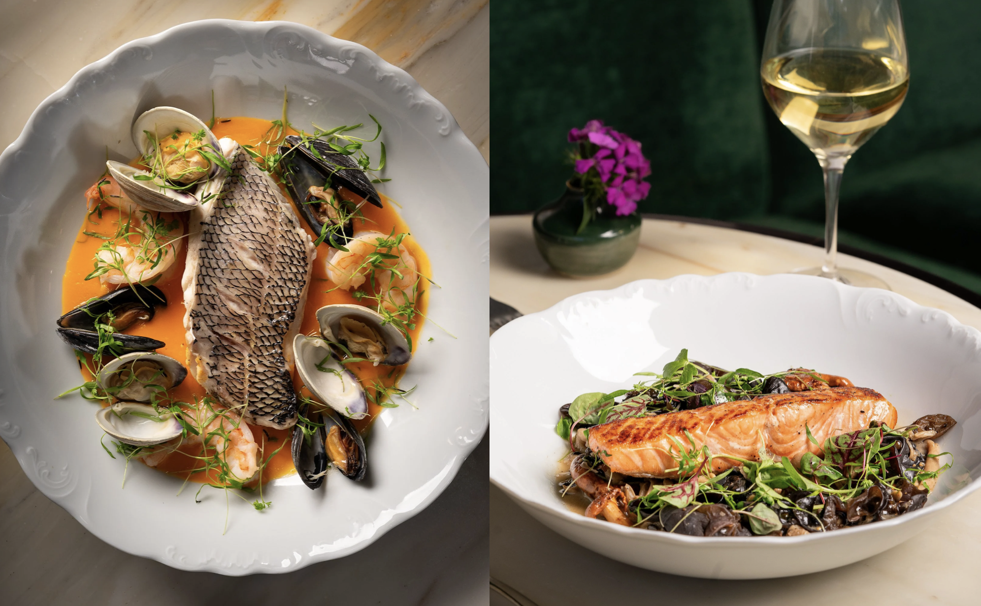 Two images of gourmet seafood dishes: The left shows a white plate with a whole fish, shrimp, clams, mussels, garnished with microgreens on a bed of orange sauce. Robert Ranfranz branding, design and ecommerce.
