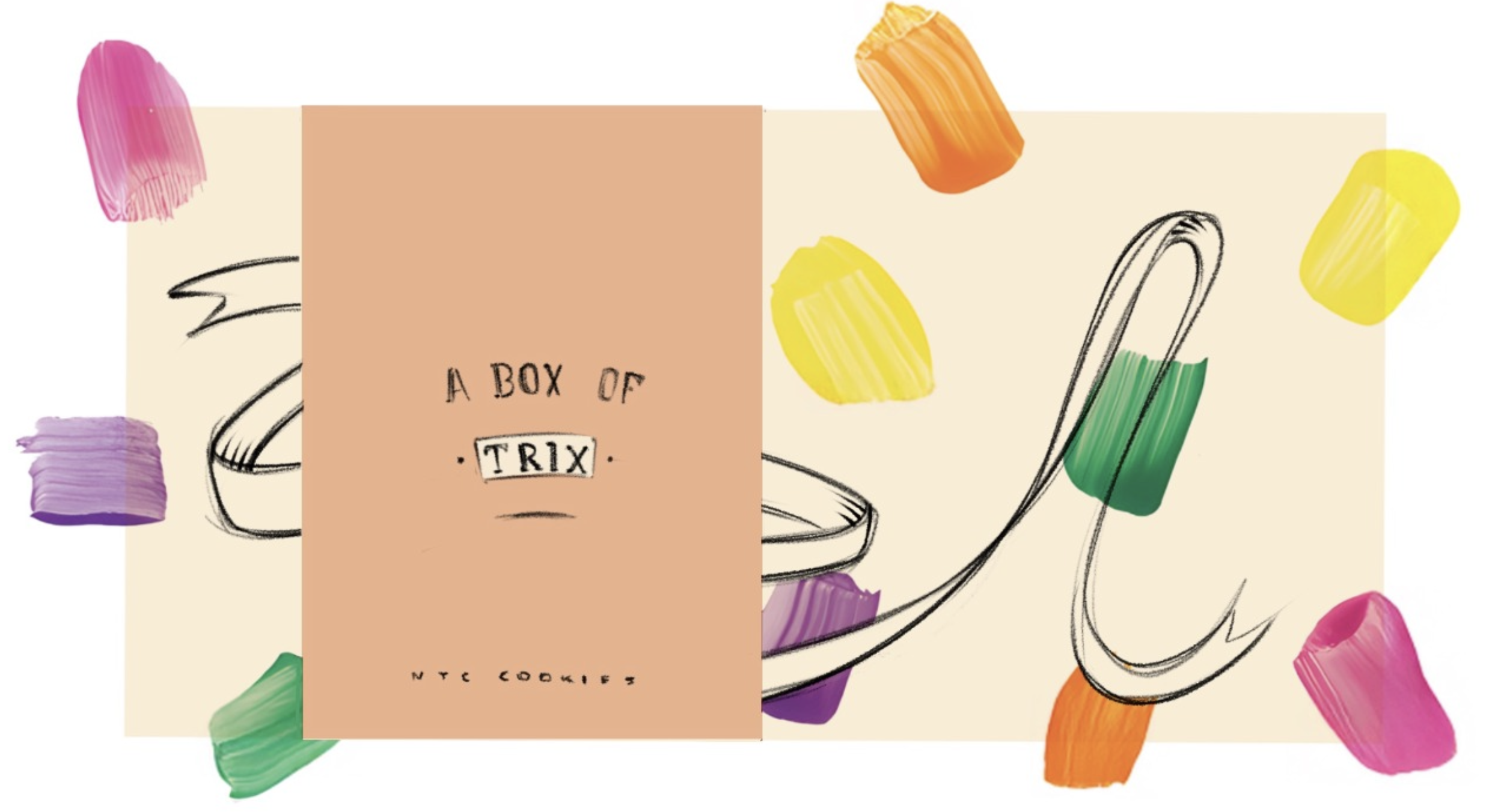 Illustration of a cookie jar with a label that reads 'A Box of Trix' and colorful cereal pieces surrounding it, with a pastel pink and beige background.