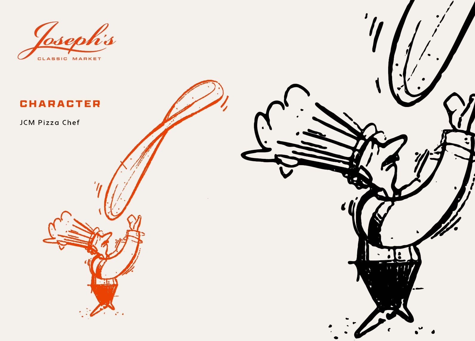 Sketch of a chef character holding a hot dog with mustard, with larger details of the hot dog and mustard in the background, and text that reads 'Joseph's Classic Market' and 'Character JCM Pizza Chef'.