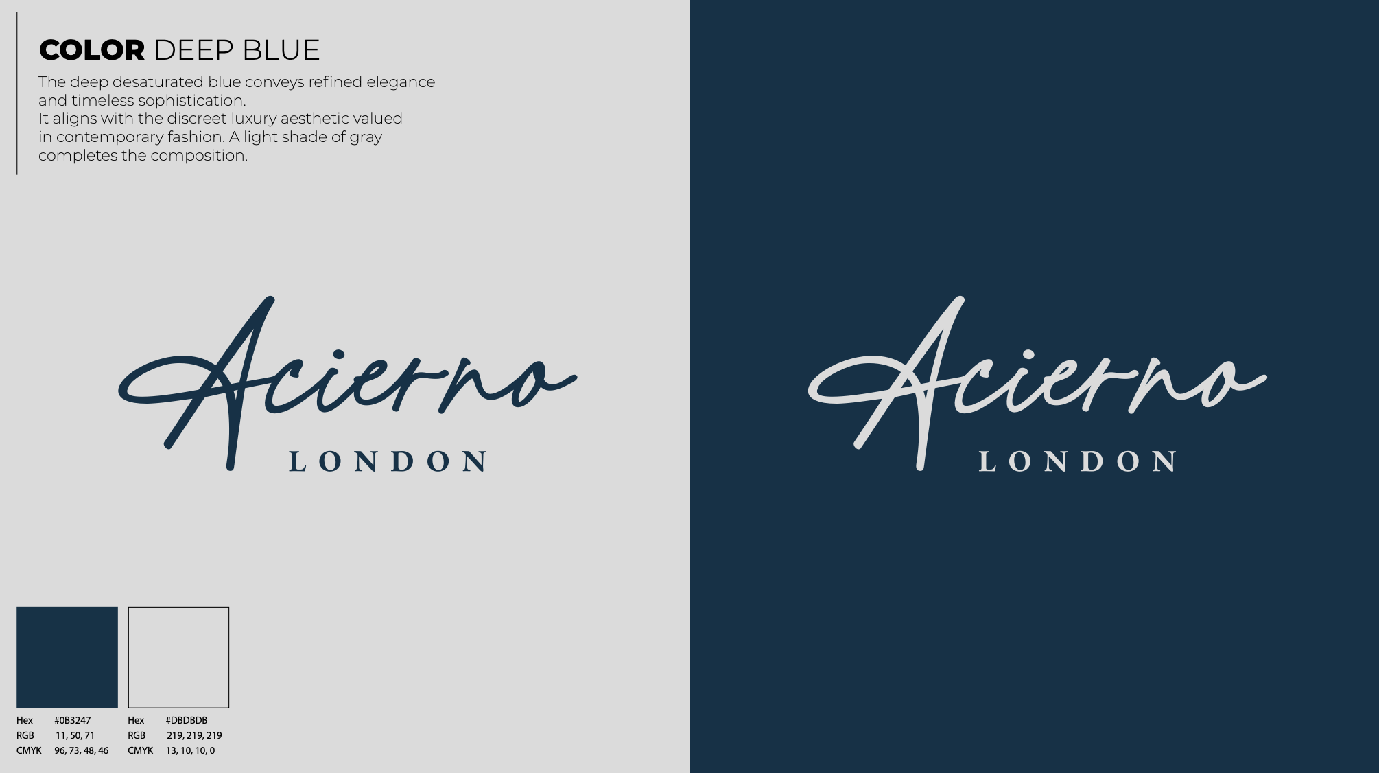 Comparison of logo designs for Acierno London, with color options in deep blue and light gray backgrounds, featuring a scripted font for 'Acierno' and a serif font for 'London'.