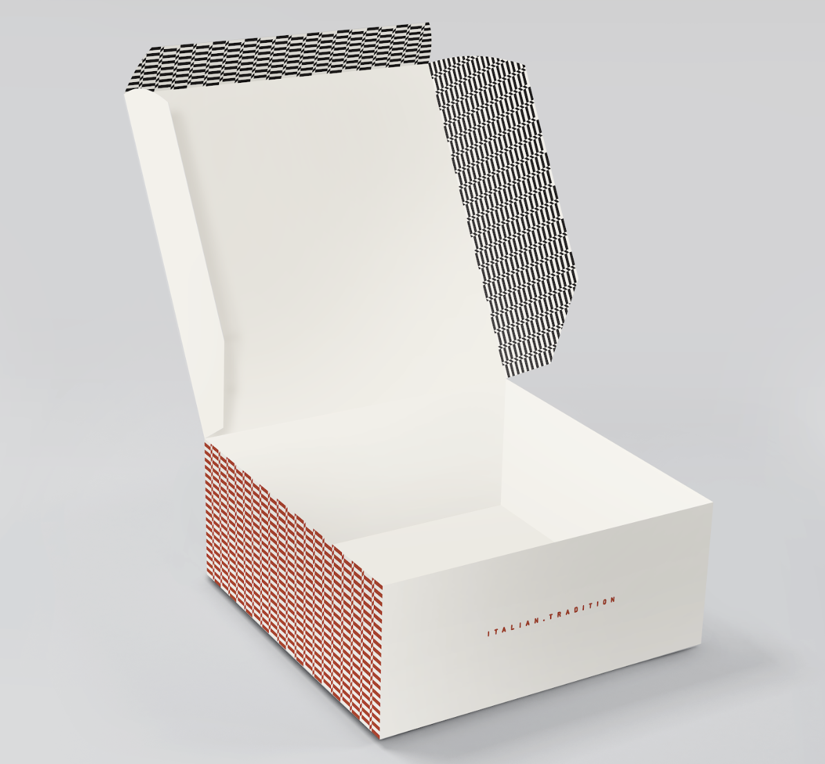 Open white box with black, red, and white patterned interior, and text 'ITALIAN.TRADITION' on the side.