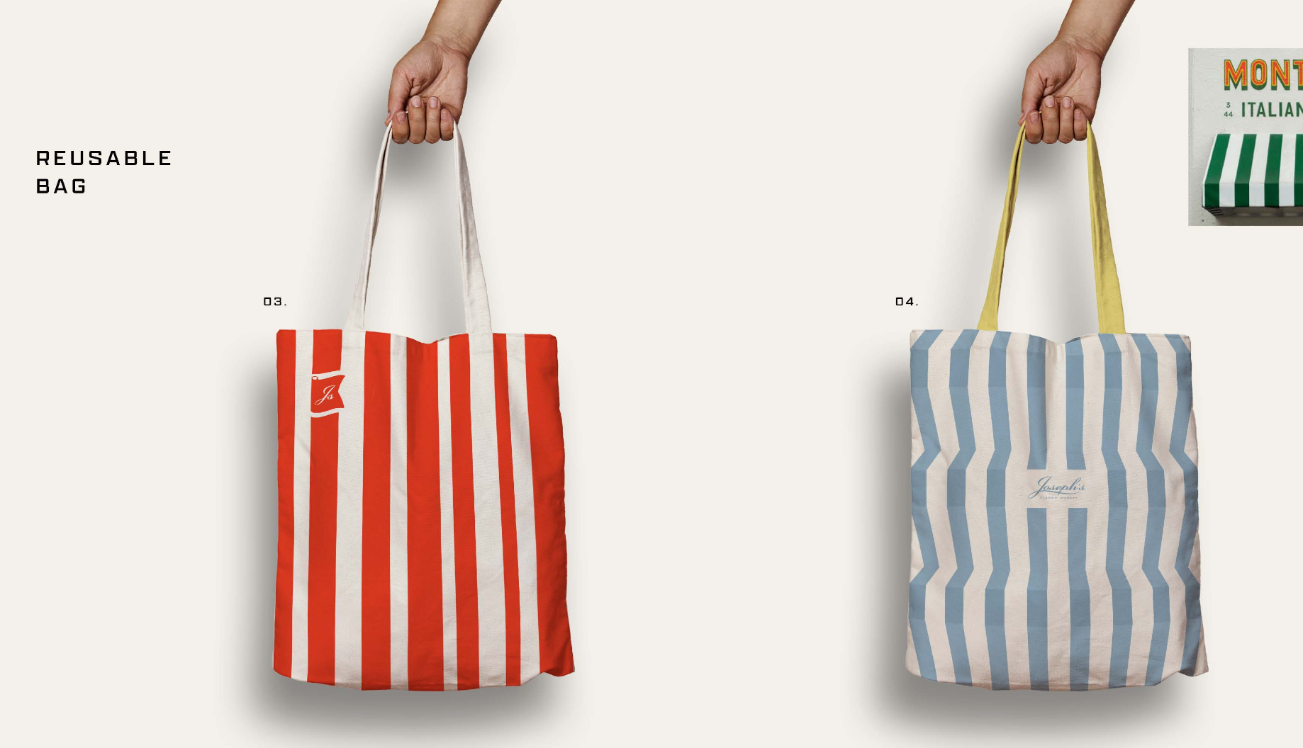 Two reusable bags held by hands, one red and white striped, the other blue and white striped, on a white background.