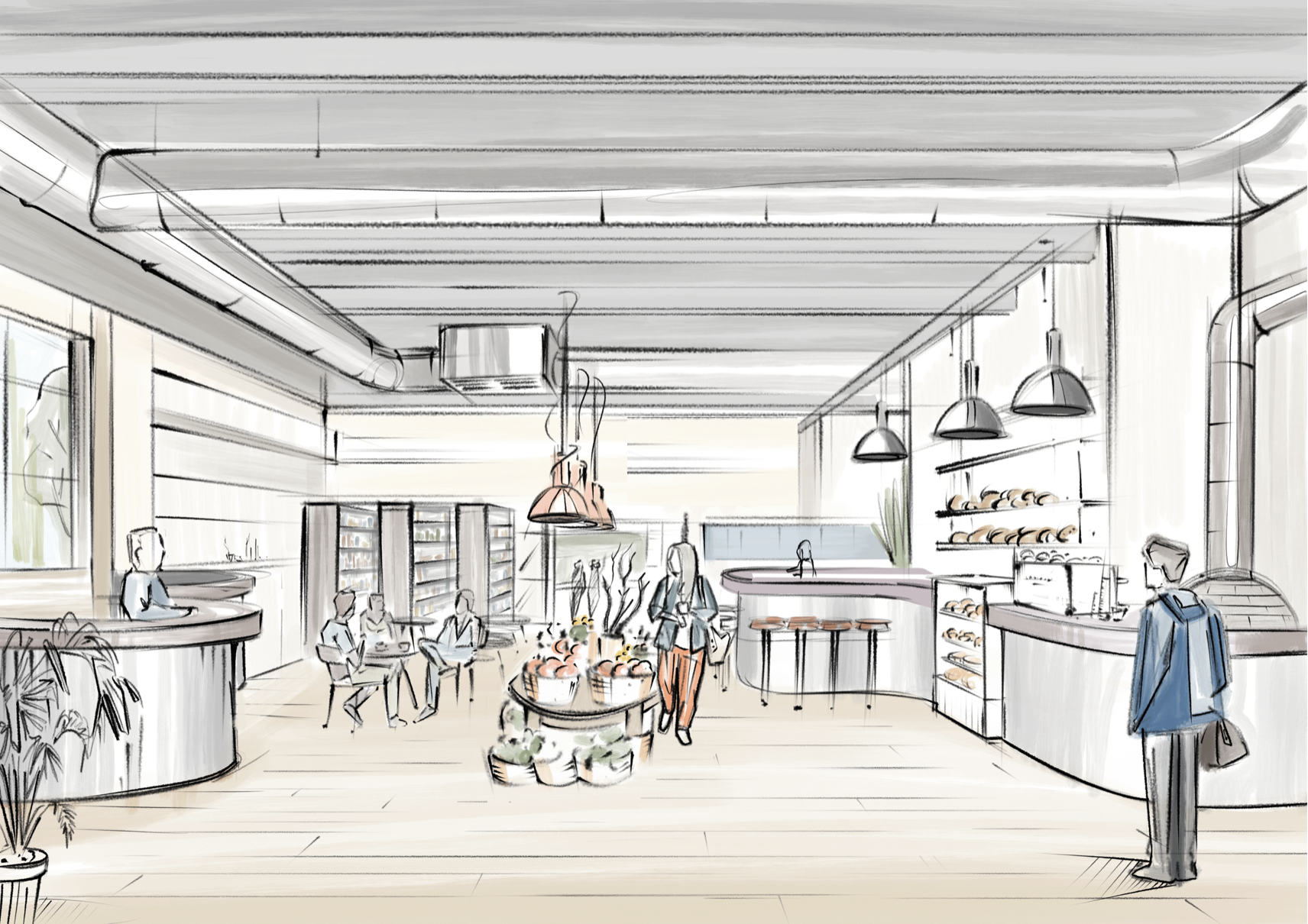 Illustration of a cozy cafe with customers seated, a staff member serving, and bakery shelves. Modern light fixtures and decorative plants are visible, with a warm atmosphere and a well-lit interior. Robert Ranfranz branding, design and retail.