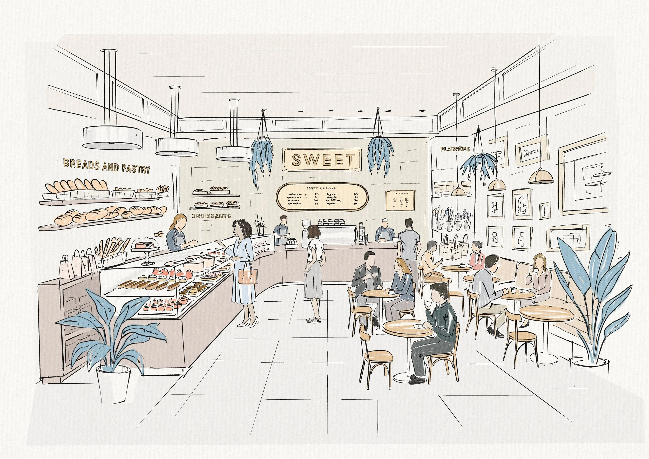 Interior of a bakery or cafe called 'Sweet,' with customers ordering and sitting at tables, bread and pastries on display, and decorative plants and artwork. Robert Ranfranz branding, design and retail.