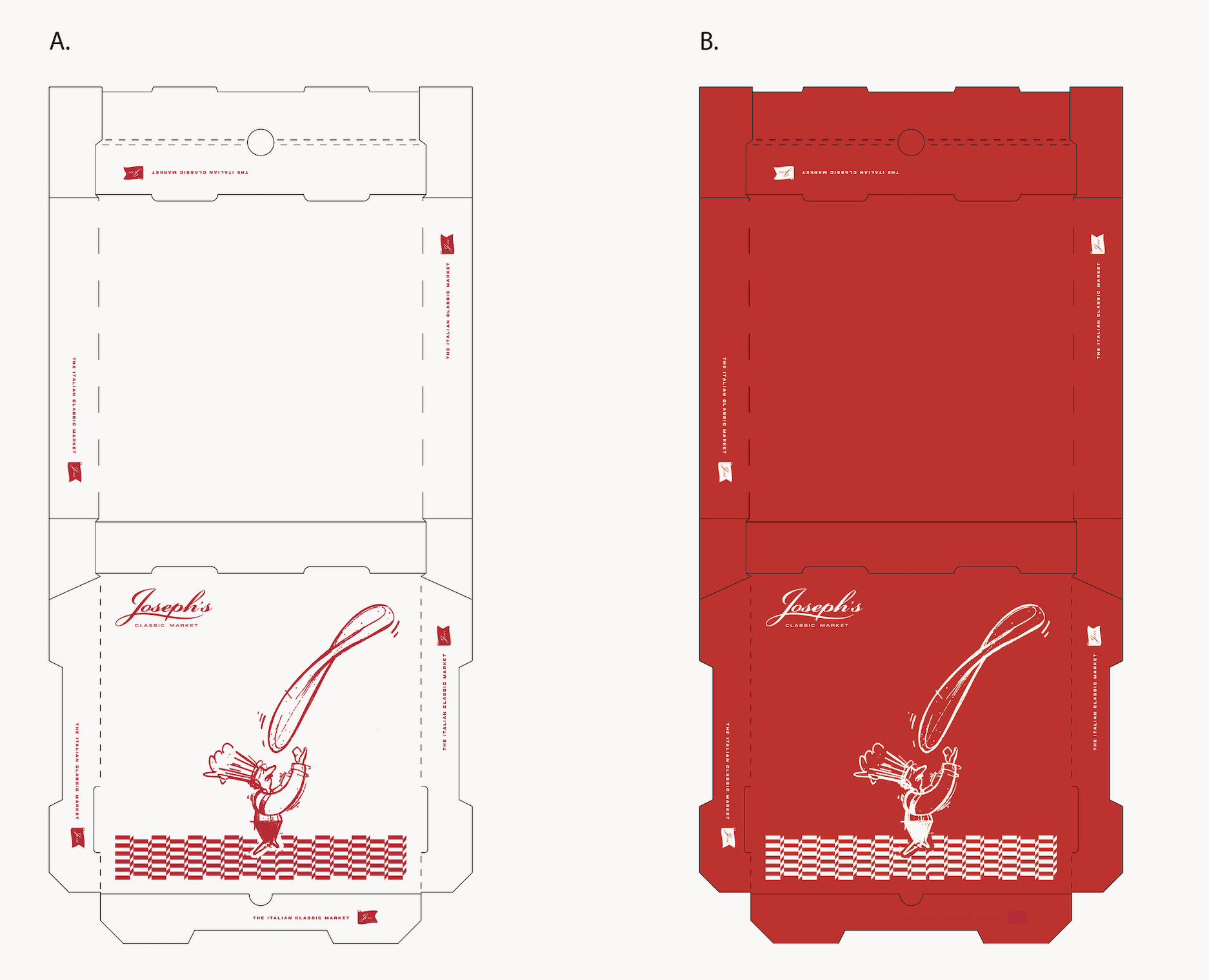 Comparison of two packaging designs for Joseph's Classic Market, with a white and red color scheme, featuring a cartoon chef tossing spaghetti, and branding elements.