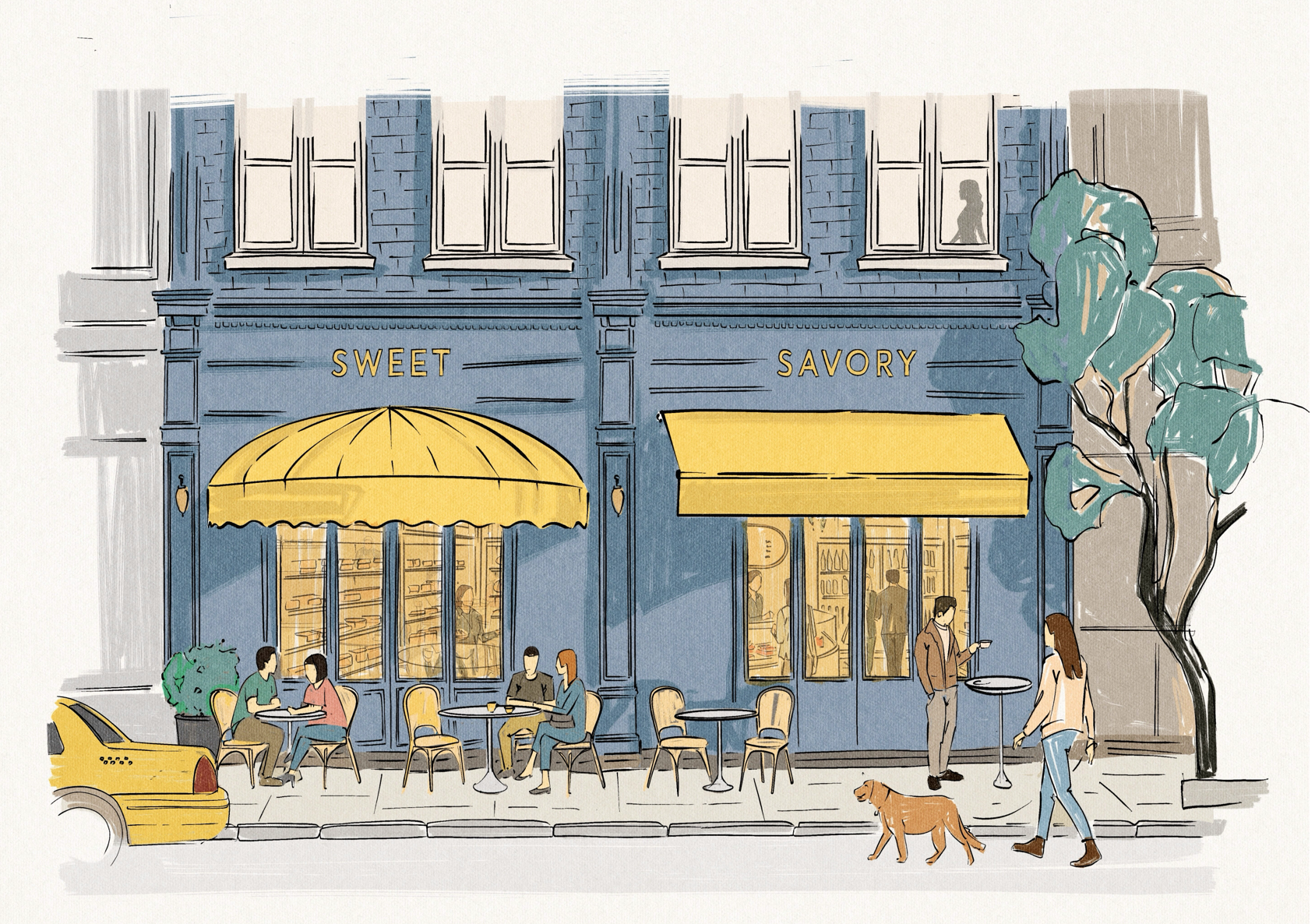 Illustration of a storefront with yellow awnings labeled 'Sweet' and 'Savory', outdoor seating with people, a tree, and pedestrians on the sidewalk. Robert Ranfranz branding, design and retail.