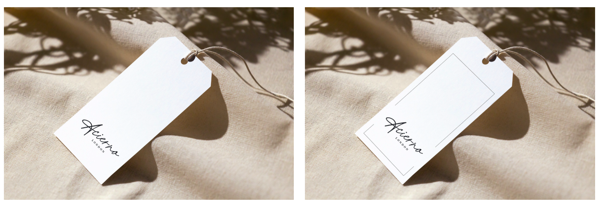 A white clothing tag with the brand name 'Acierna London' written in black cursive font, attached with a string, lying on beige fabric with shadows and a plant shadow nearby.