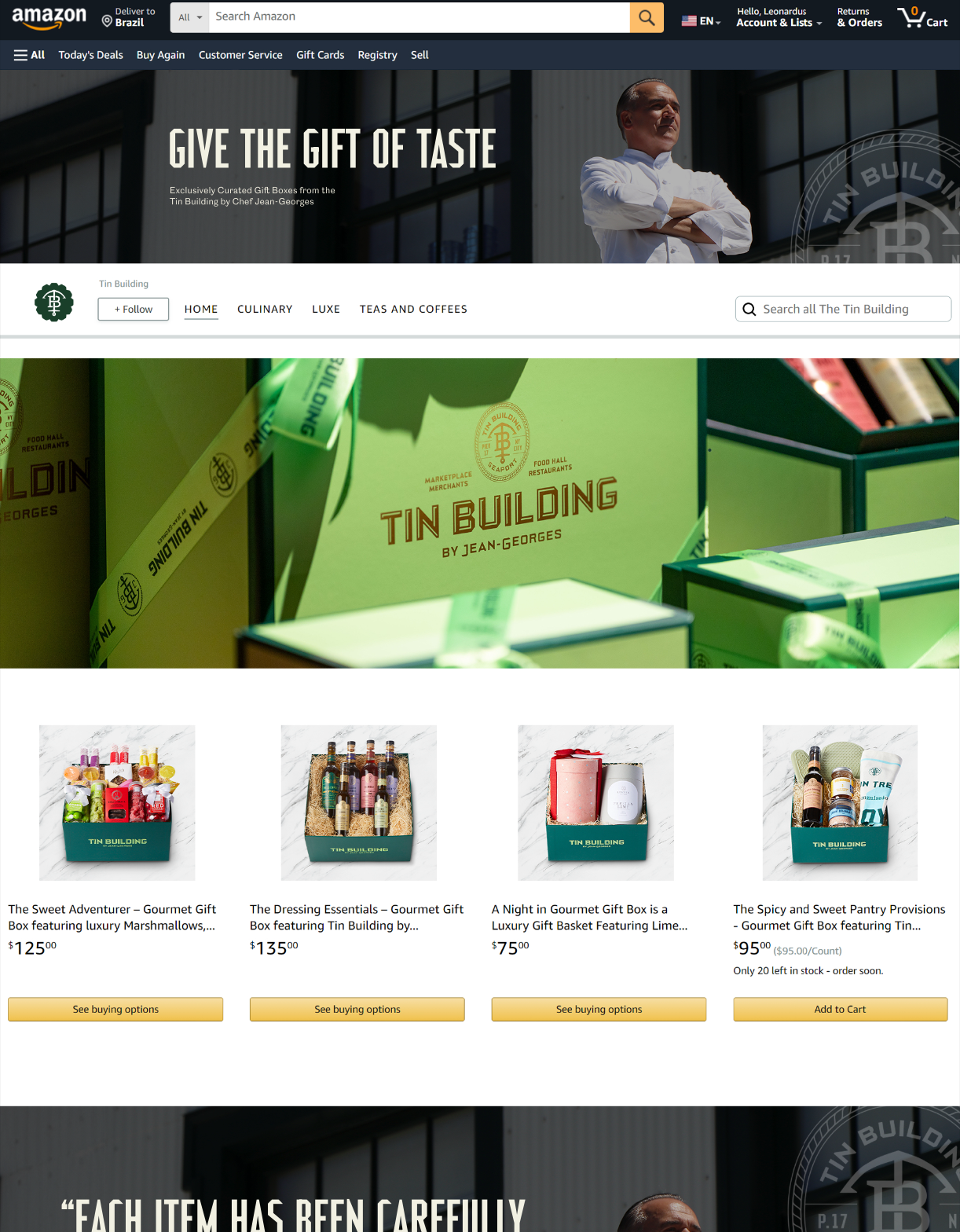 Screenshot of an Amazon store page featuring gourmet gift boxes with various products like marshmallows, beverages, and snacks, with prices and buy options.