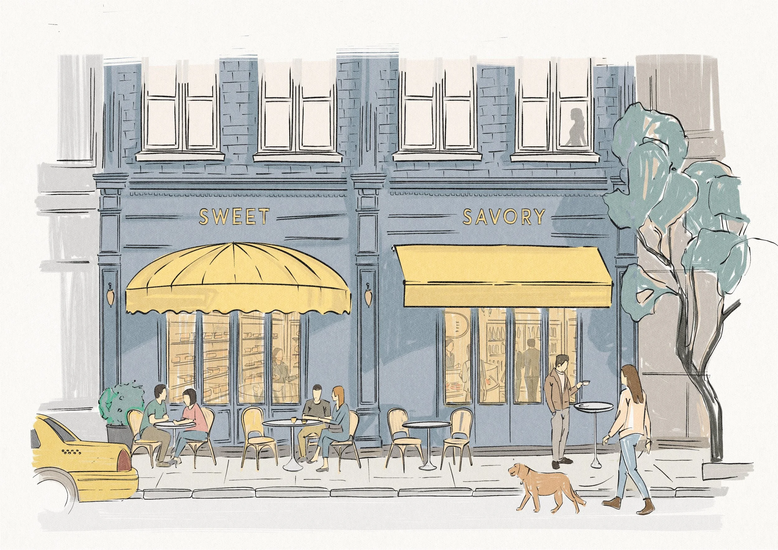 The storefront of a bakery or cafe with the words 'Sweet' and 'Savory' on the building. There are outdoor tables with patrons, a yellow taxi car parked nearby, and pedestrians walking by. Robert Ranfranz branding, design and retail.