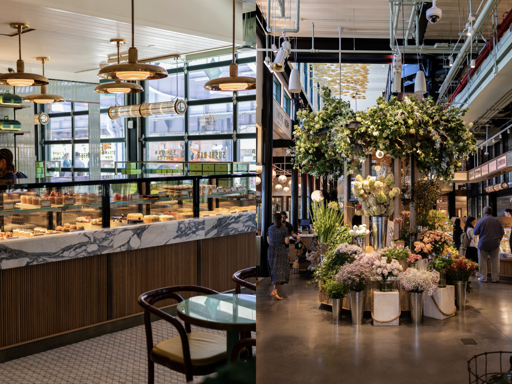 A bakery and a flower shop inside a modern shopping mall with customers browsing. Robert Ranfranz branding, design and retail.