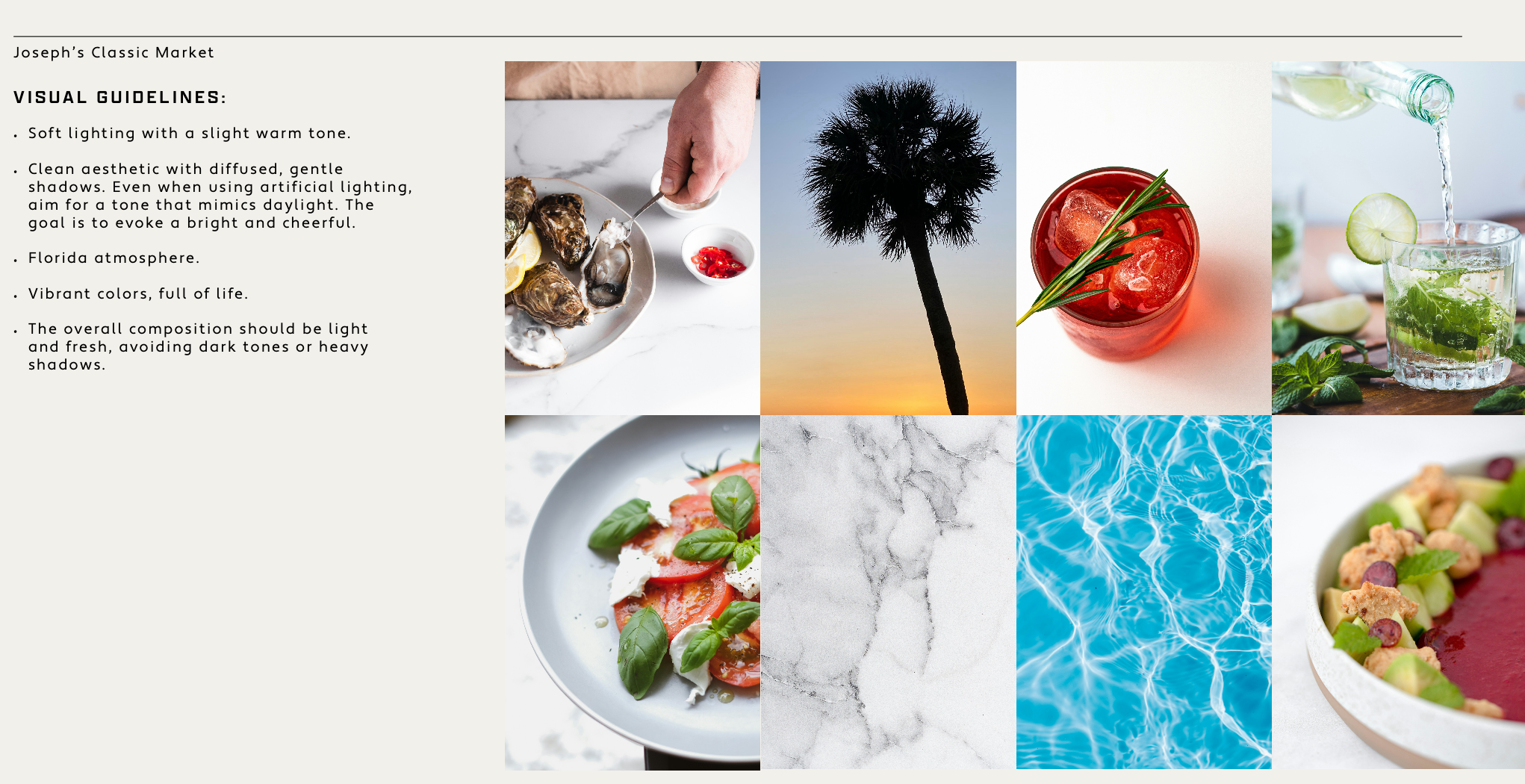 Collage of images with food, drinks, a palm tree, a pool, and white marble texture, alongside text with visual guidelines for lighting, aesthetics, and composition.