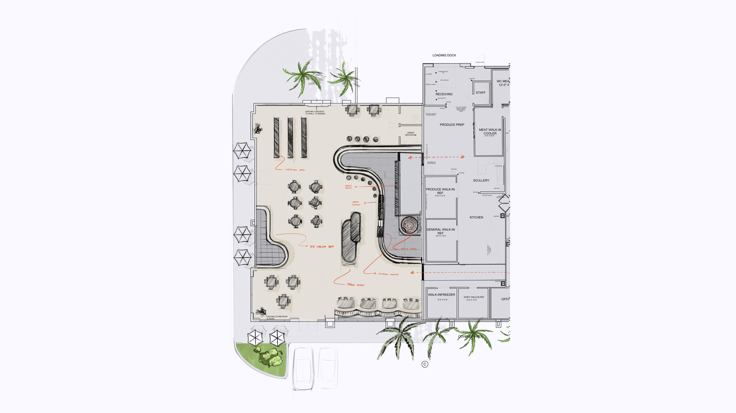 A detailed floor plan of a commercial building featuring a large open seating area, kitchen, and various labeled rooms, with outdoor seating and landscaping. Robert Ranfranz creative studio.