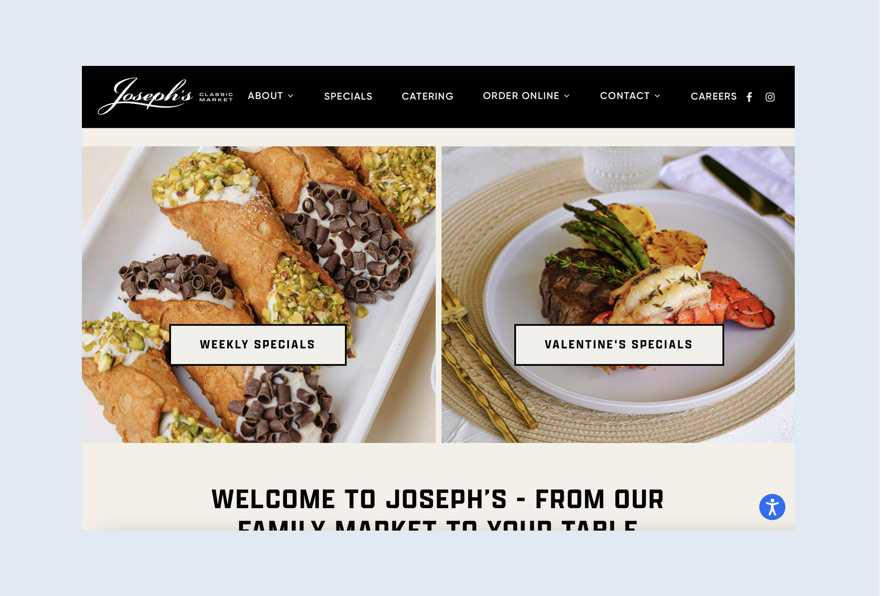 Side-by-side photos of food: left shows cannoli pastries with pistachios and chocolate chips, labeled 'Weekly Specials'. Robert Ranfranz branding, design and ecommerce.