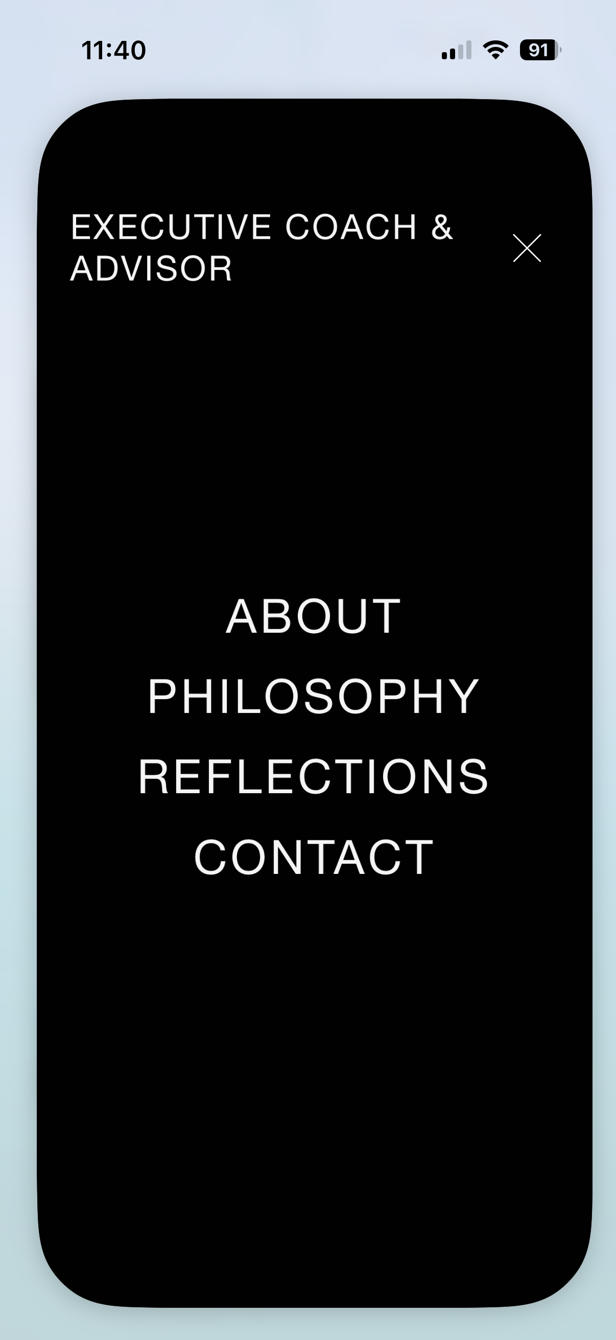 Mobile app menu screen with options: About, Philosophy, Reflections, Contact, for an executive coach and advisor.