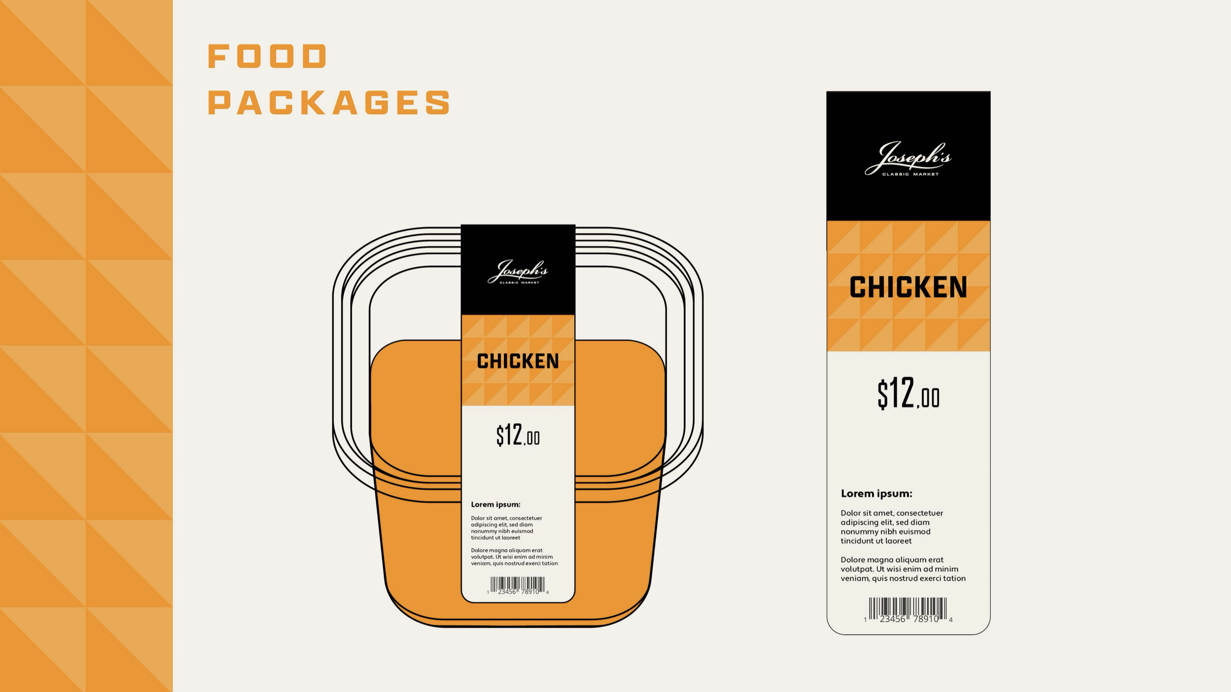 Graphic displaying chicken food packages labeled with the brand Joseph's, priced at $12.00, and featuring a barcode, set against a background with orange triangle patterns on the left. Robert Ranfranz creative studio.
