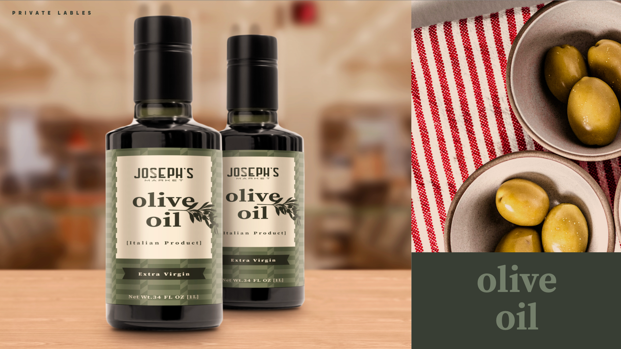 Two bottles of Joseph's Market olive oil with green labels and black caps on a wooden surface, blurred background; to the right, two bowls of green olives on a red and white striped cloth, with a dark green banner at the bottom displaying the text 'olive oil'.