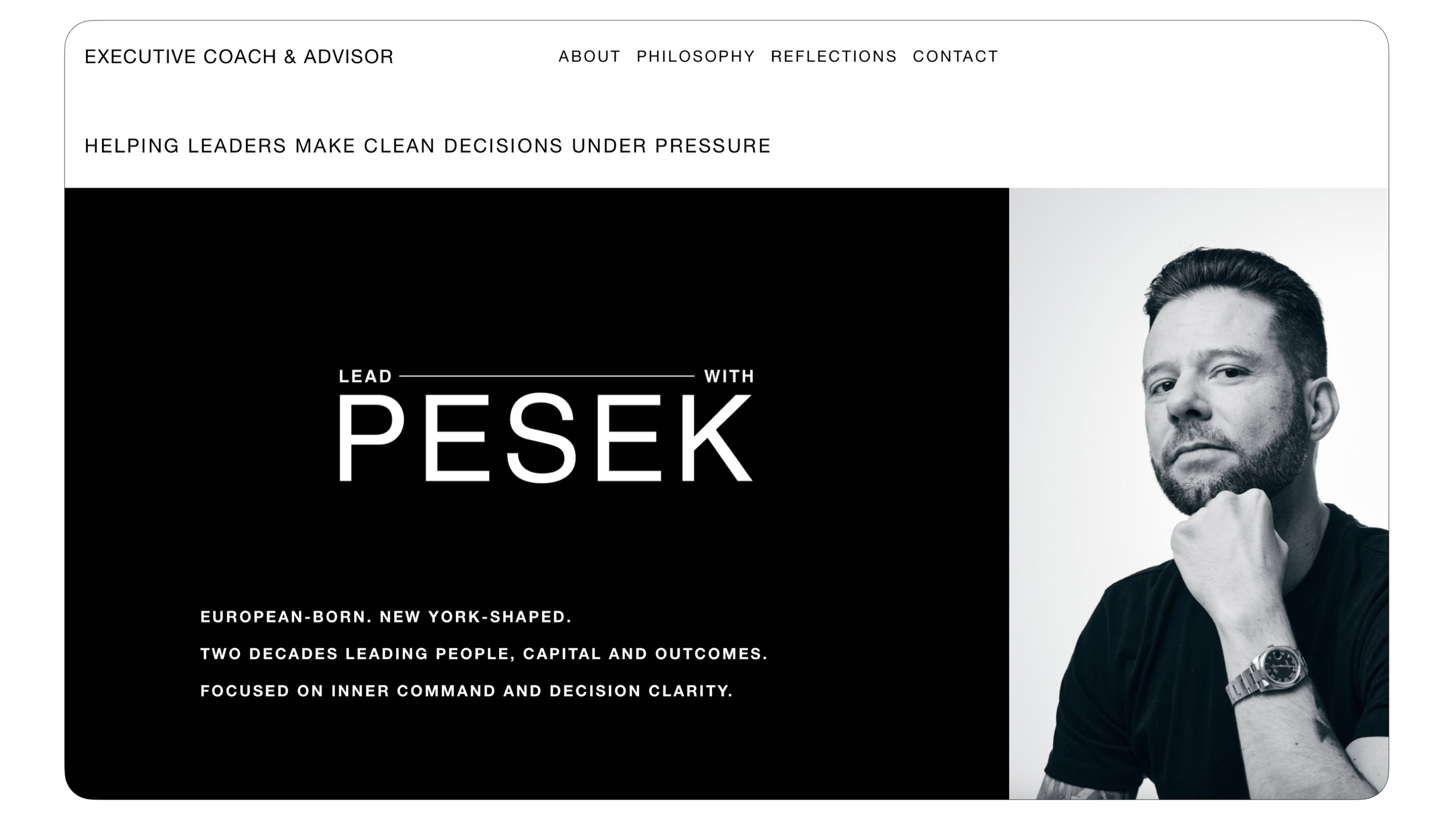 A webpage for an executive coach and advisor featuring a black and white portrait of a serious man with a beard and short hair, wearing a watch, resting his chin on his fist. Robert Ranfranz creative studio.