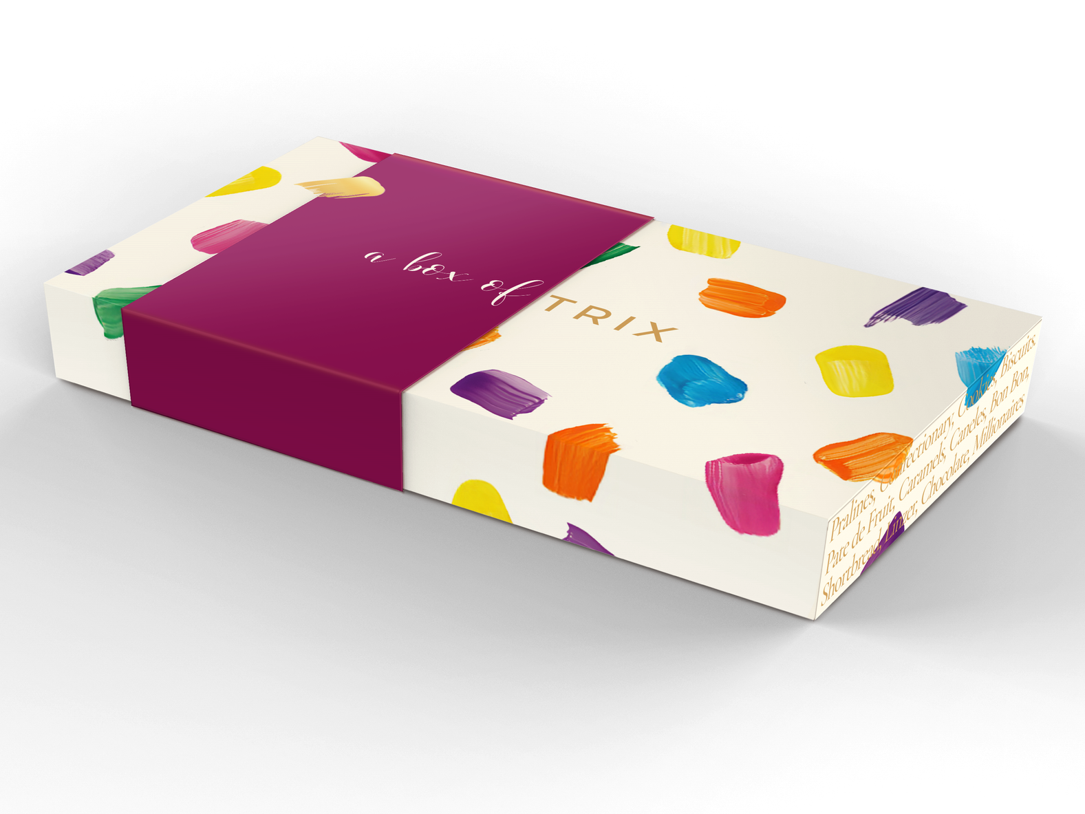 A rectangular box of Trix breakfast cereal with colorful paint strokes on a white background, and a purple band across the middle with white cursive text.