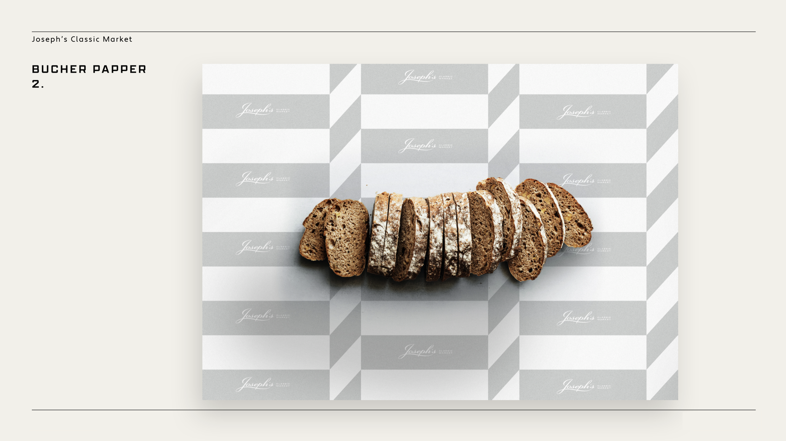 Slices of bread with various textures and crusts, arranged in a row on a patterned paper from Joseph's Classic Market. Robert Ranfranz creative studio.