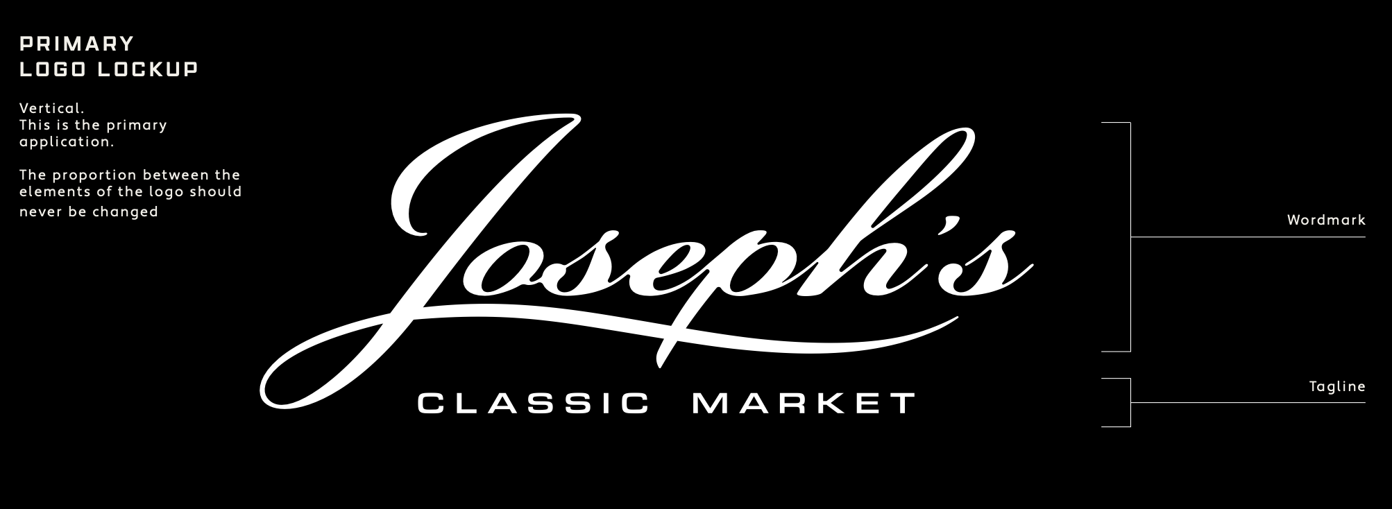 Black background with white text showing a logo layout for Joseph's Classic Market. The word 'Joseph's' is written in cursive font, with labels indicating parts of the logo: 'Wordmark' and 'Tagline'. Additional text explains primary logo lockup rules.