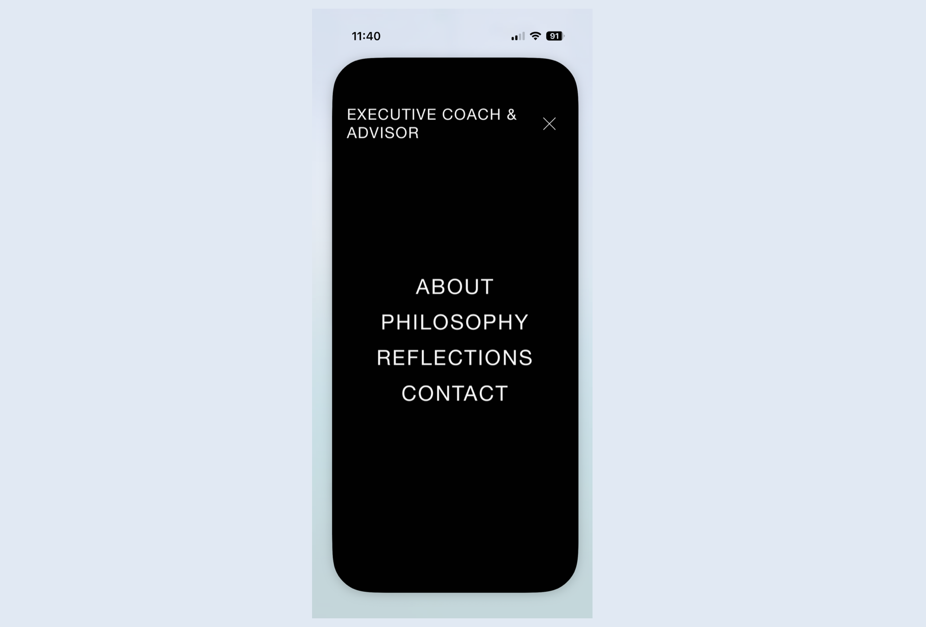 A smartphone screen displaying a menu with options: ABOUT, PHILOSOPHY, REFLECTIONS, CONTACT, and a title 'EXECUTIVE COACH & ADVISOR' at the top. Robert Ranfranz branding, design and ecommerce.
